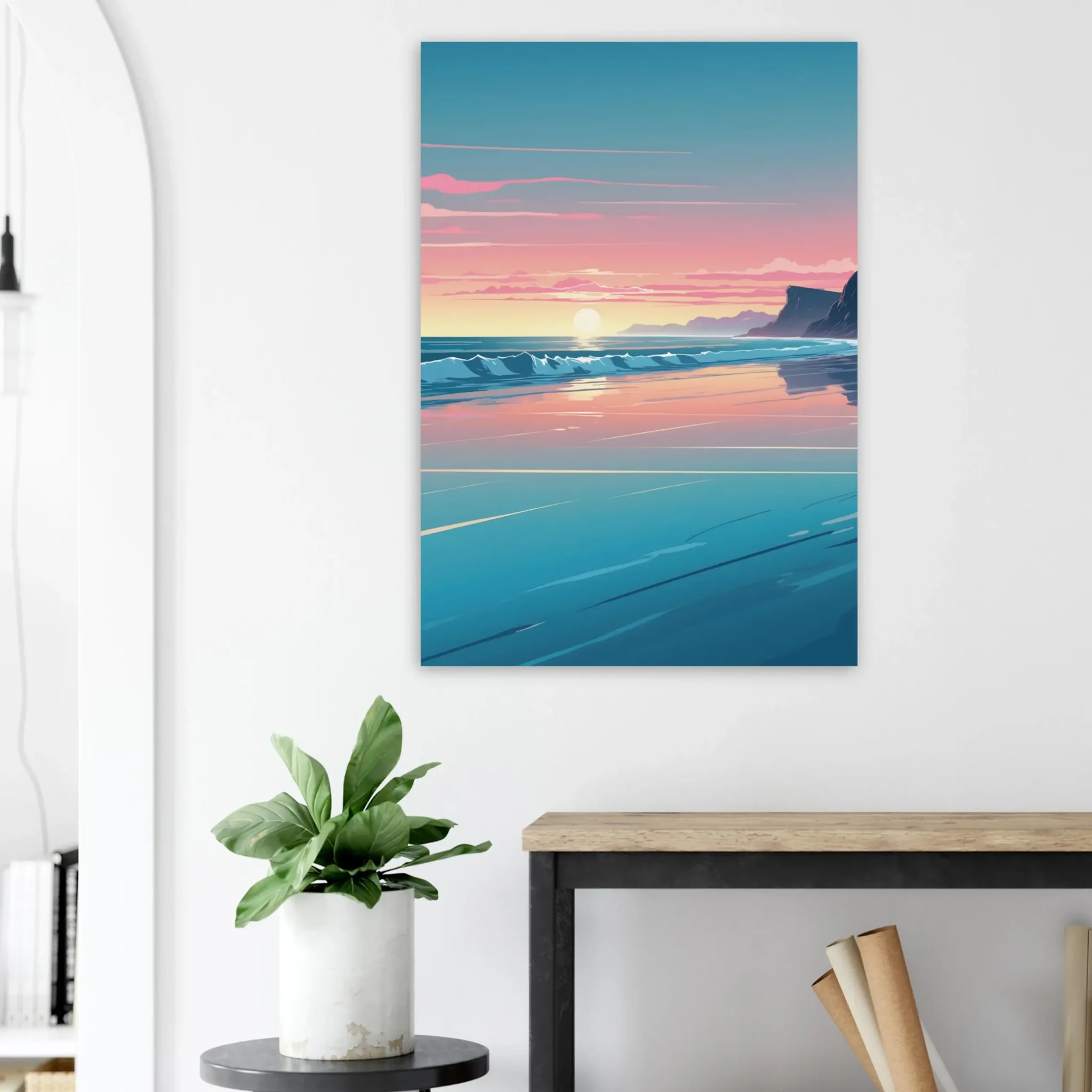Abstract Coastal Sunset wall art that explores the meeting point between sea, light, and horizon. Art Print, printed and shipped within North America.