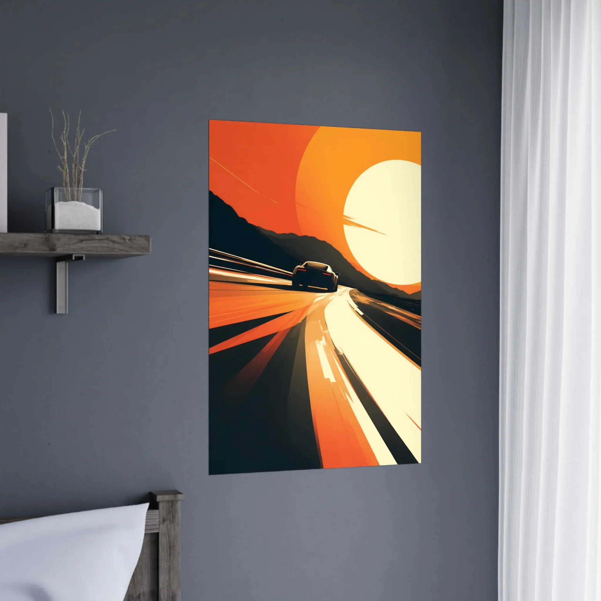 Car Art Sunset Landscape wall art that explores the visual relationship between the car, the road, and the horizon. Fine Art Print.