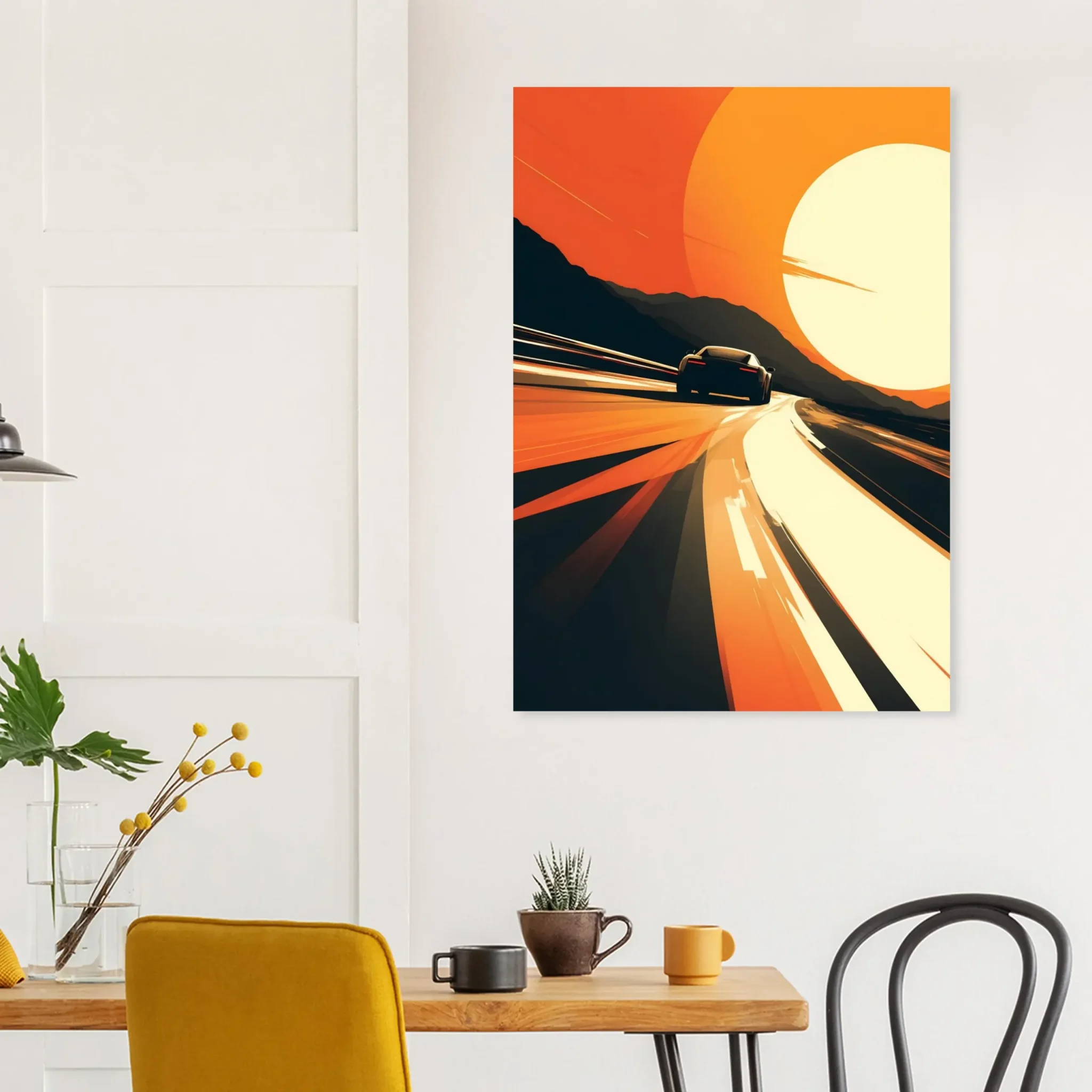 Car Art Sunset Landscape wall art that explores the visual relationship between the car, the road, and the horizon. Fine Art Print.