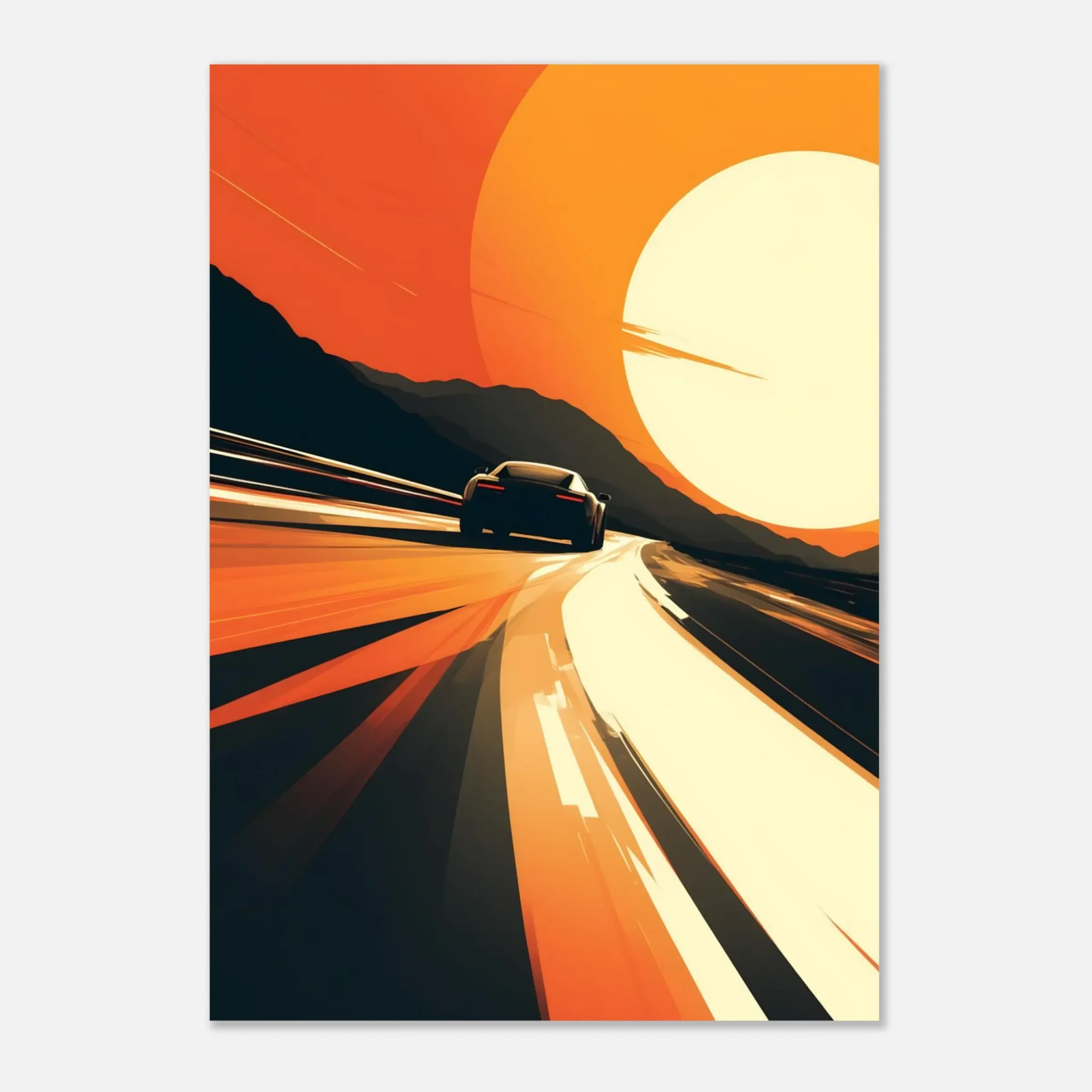 Car Art Sunset Landscape wall art that explores the visual relationship between the car, the road, and the horizon. Fine Art Print.