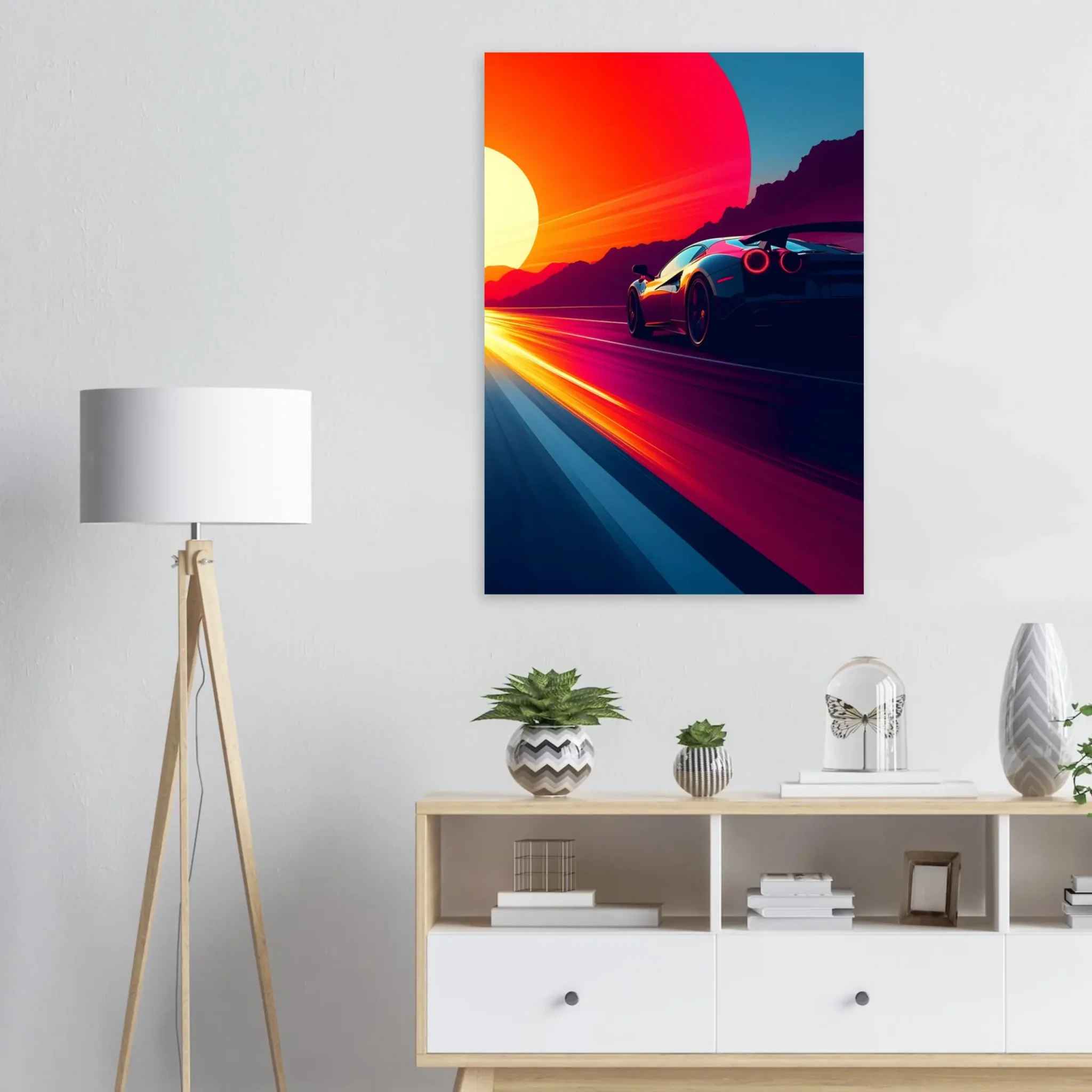 Car Art Sunset Landscape wall art that explores the visual relationship between the car, the road, and the horizon. Fine Art Print.