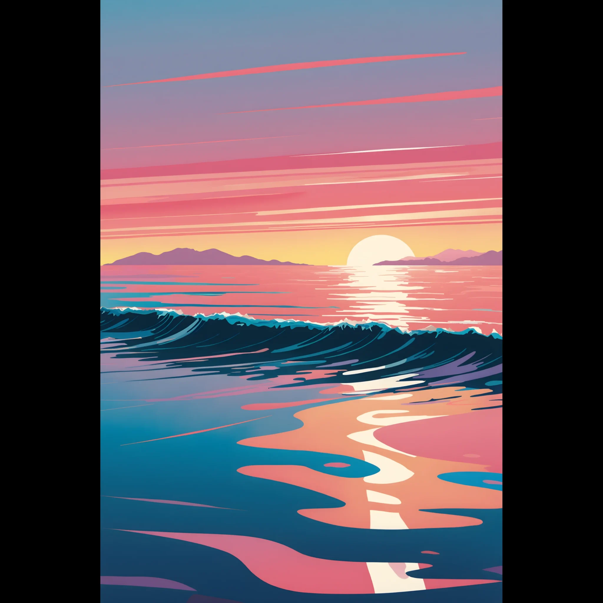 Abstract Coastal Sunset wall art that explores the meeting point between sea, light, and horizon. Art Print, printed and shipped within North America.
