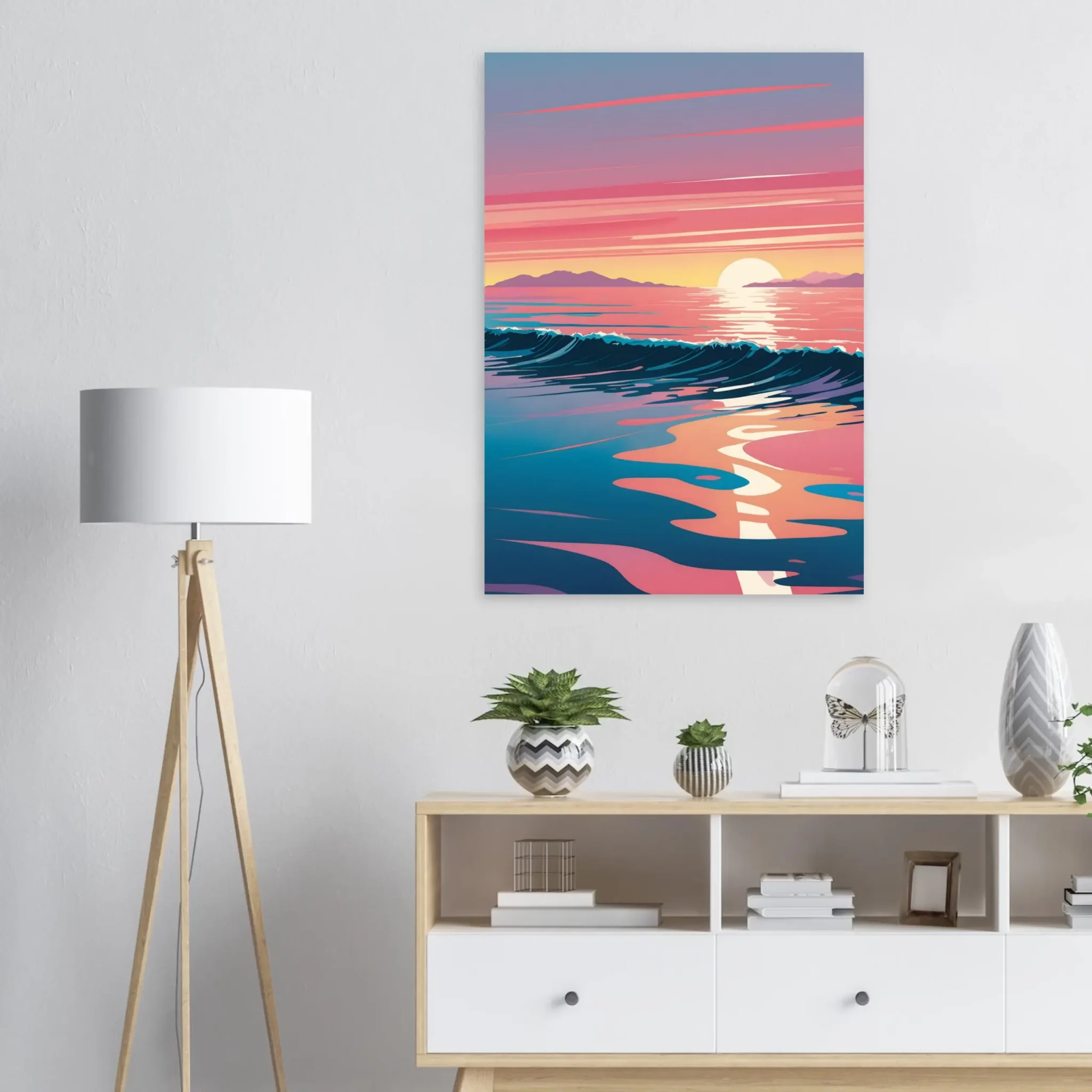 Abstract Coastal Sunset wall art that explores the meeting point between sea, light, and horizon. Art Print, printed and shipped within North America.