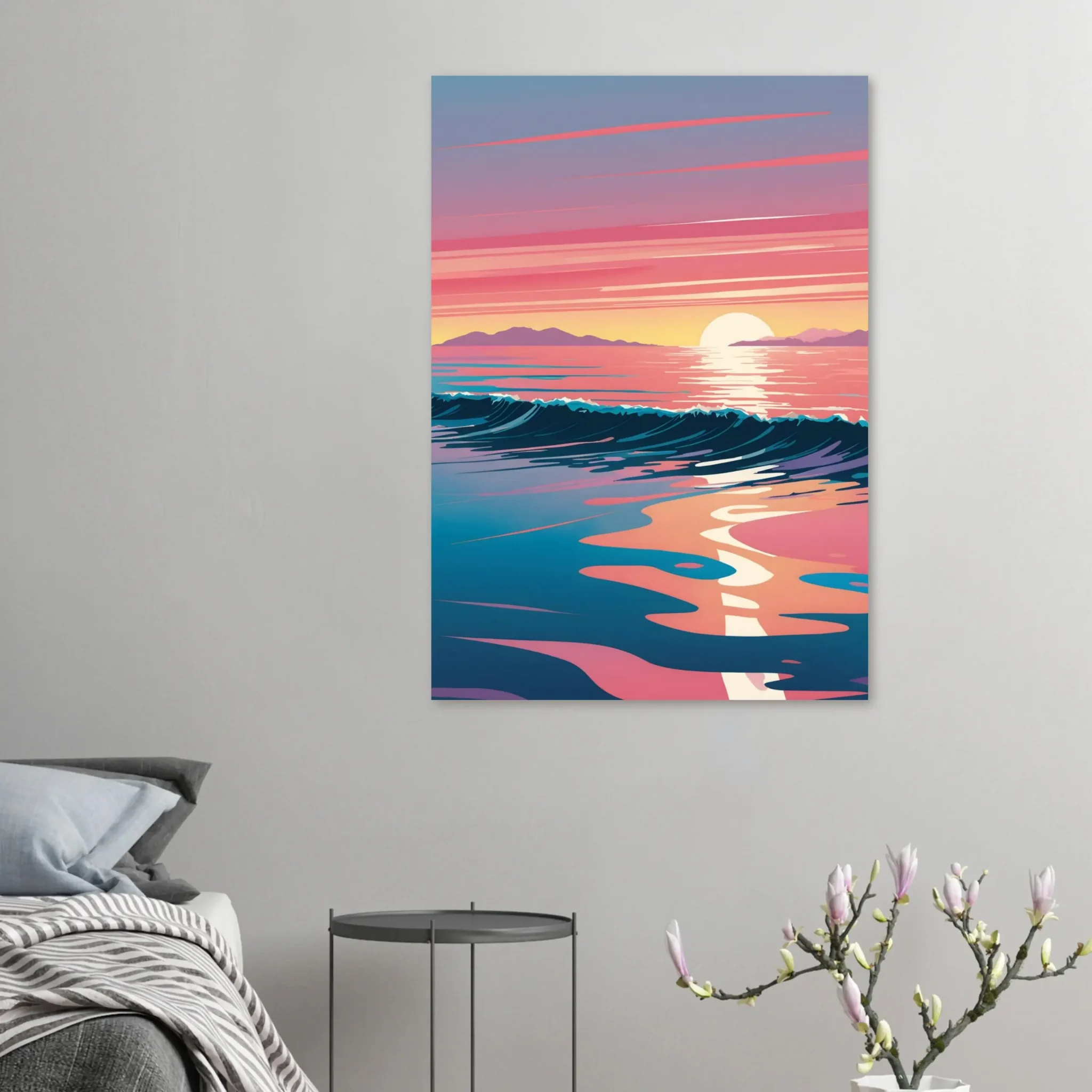 Abstract Coastal Sunset wall art that explores the meeting point between sea, light, and horizon. Art Print, printed and shipped within North America.