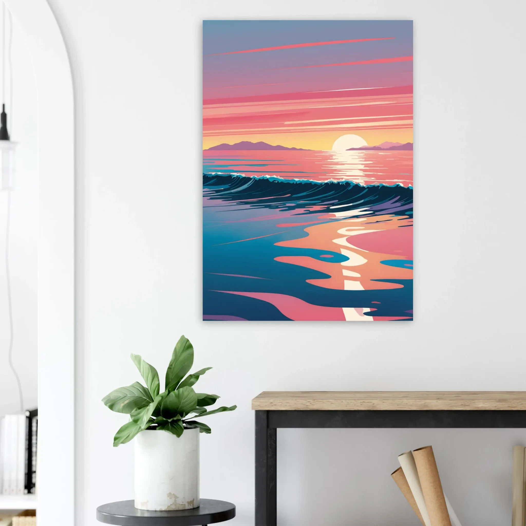 Abstract Coastal Sunset wall art that explores the meeting point between sea, light, and horizon. Art Print, printed and shipped within North America.