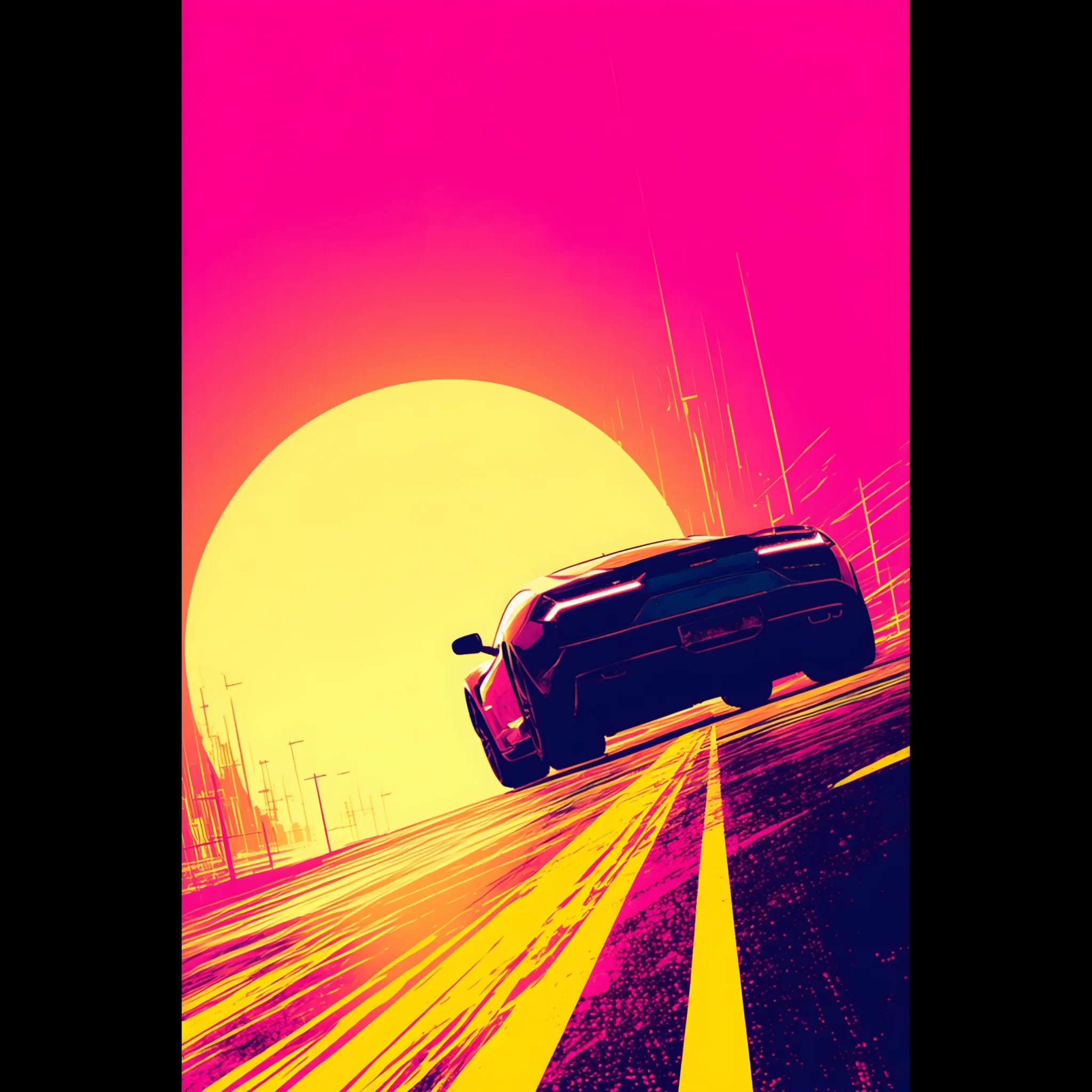 Car Art Sunset Landscape wall art that explores the visual relationship between the car, the road, and the horizon. Fine Art Print.