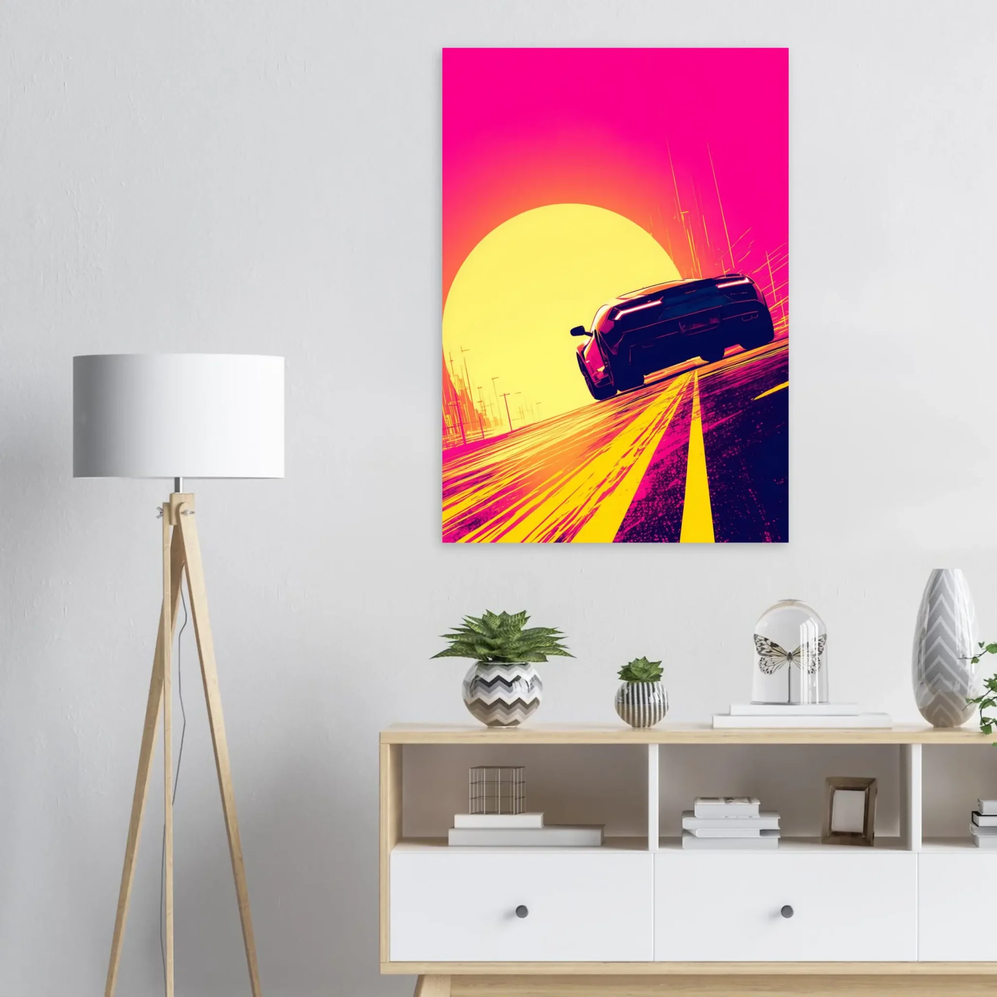 Car Art Sunset Landscape wall art that explores the visual relationship between the car, the road, and the horizon. Fine Art Print.