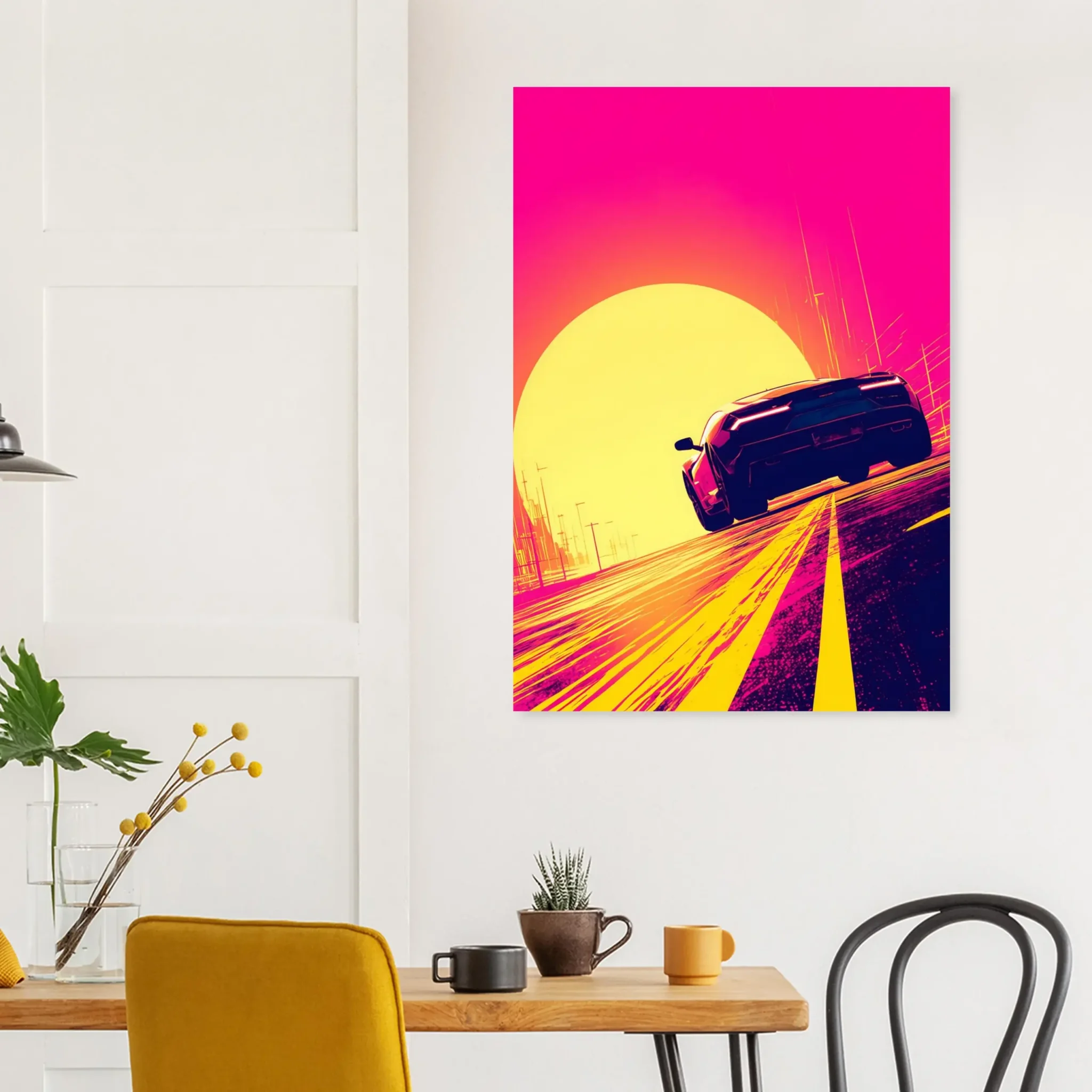 Car Art Sunset Landscape wall art that explores the visual relationship between the car, the road, and the horizon. Fine Art Print.