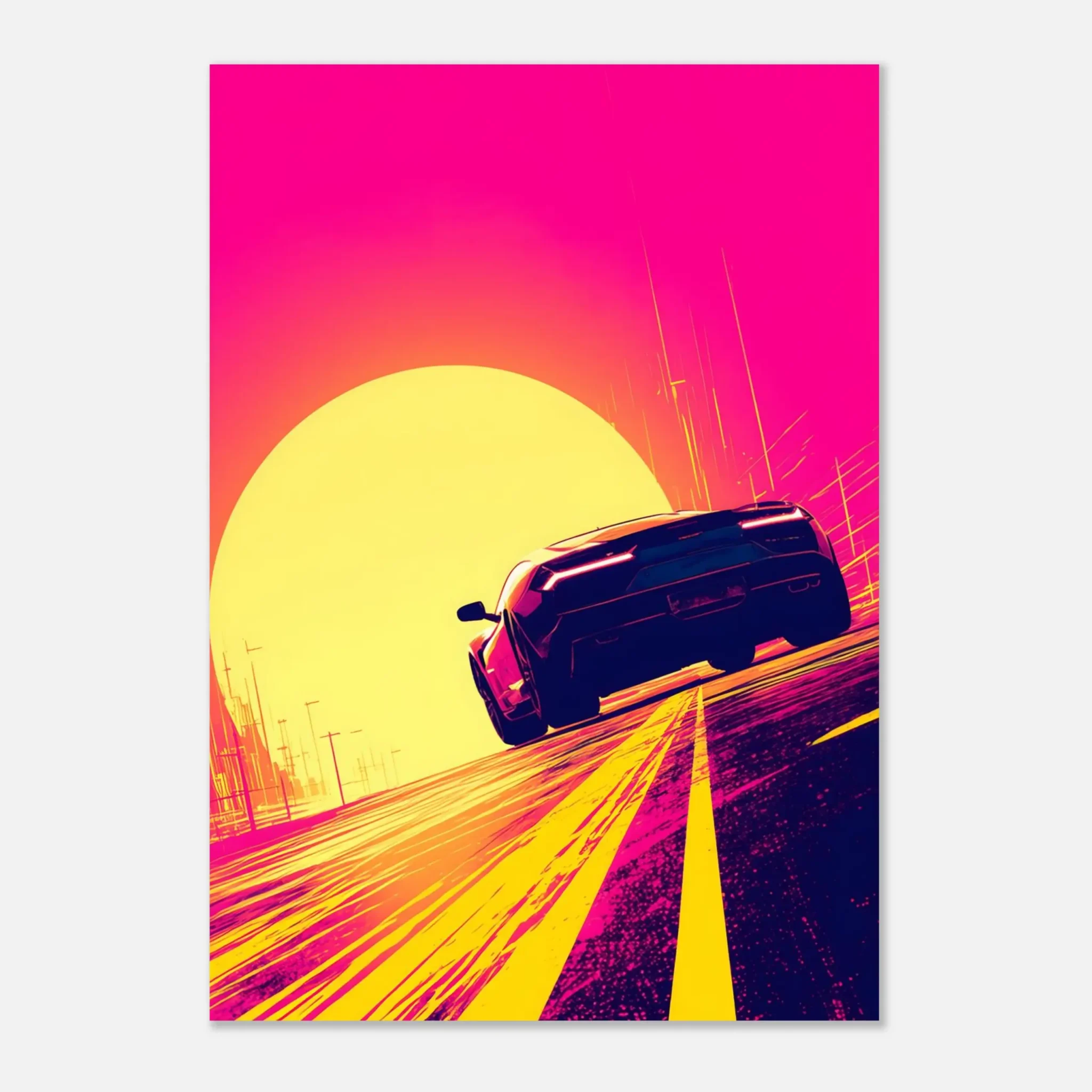 Car Art Sunset Landscape wall art that explores the visual relationship between the car, the road, and the horizon. Fine Art Print.