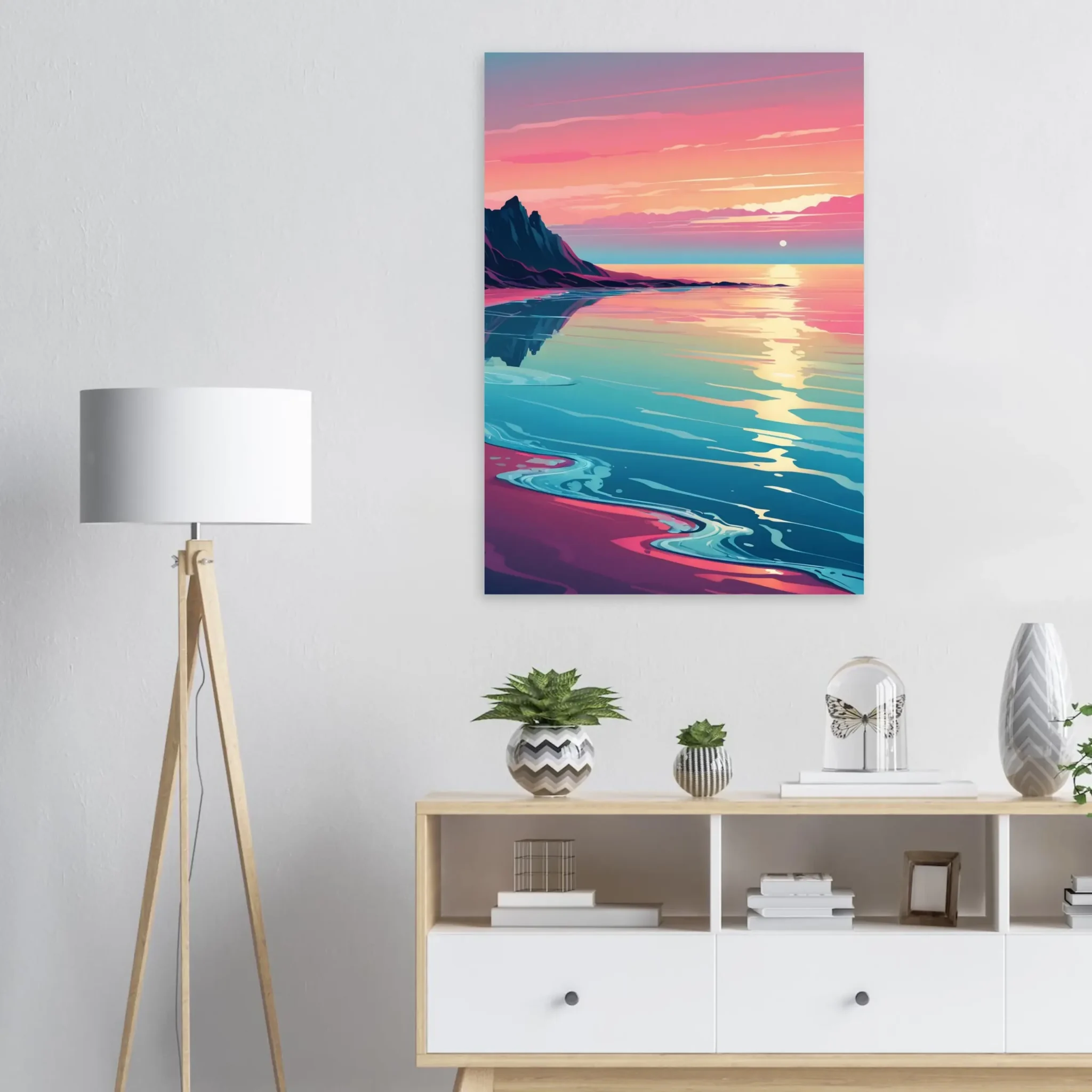 Abstract Coastal Sunset wall art that explores the meeting point between sea, light, and horizon. Art Print, printed and shipped within North America.