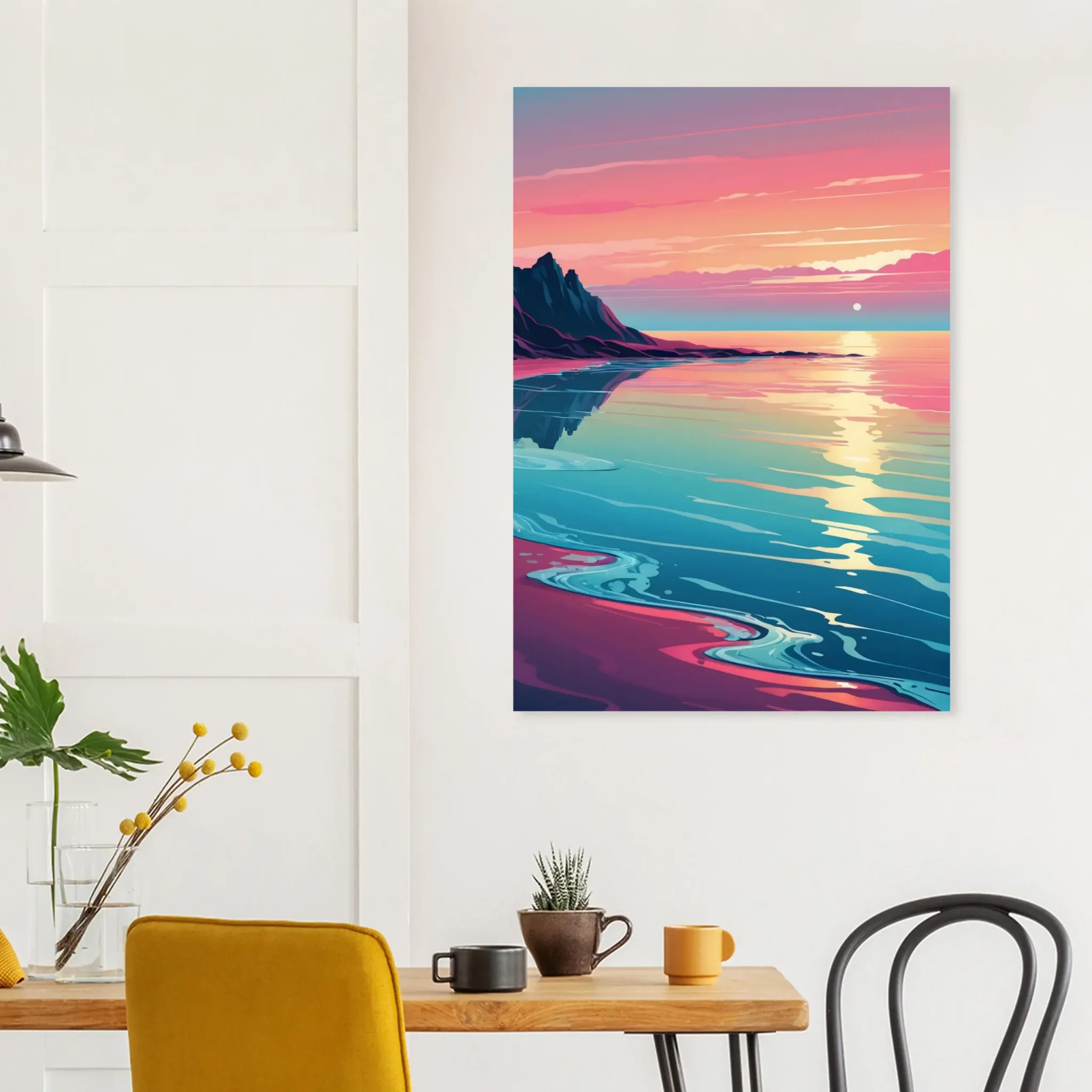 Abstract Coastal Sunset wall art that explores the meeting point between sea, light, and horizon. Art Print, printed and shipped within North America.