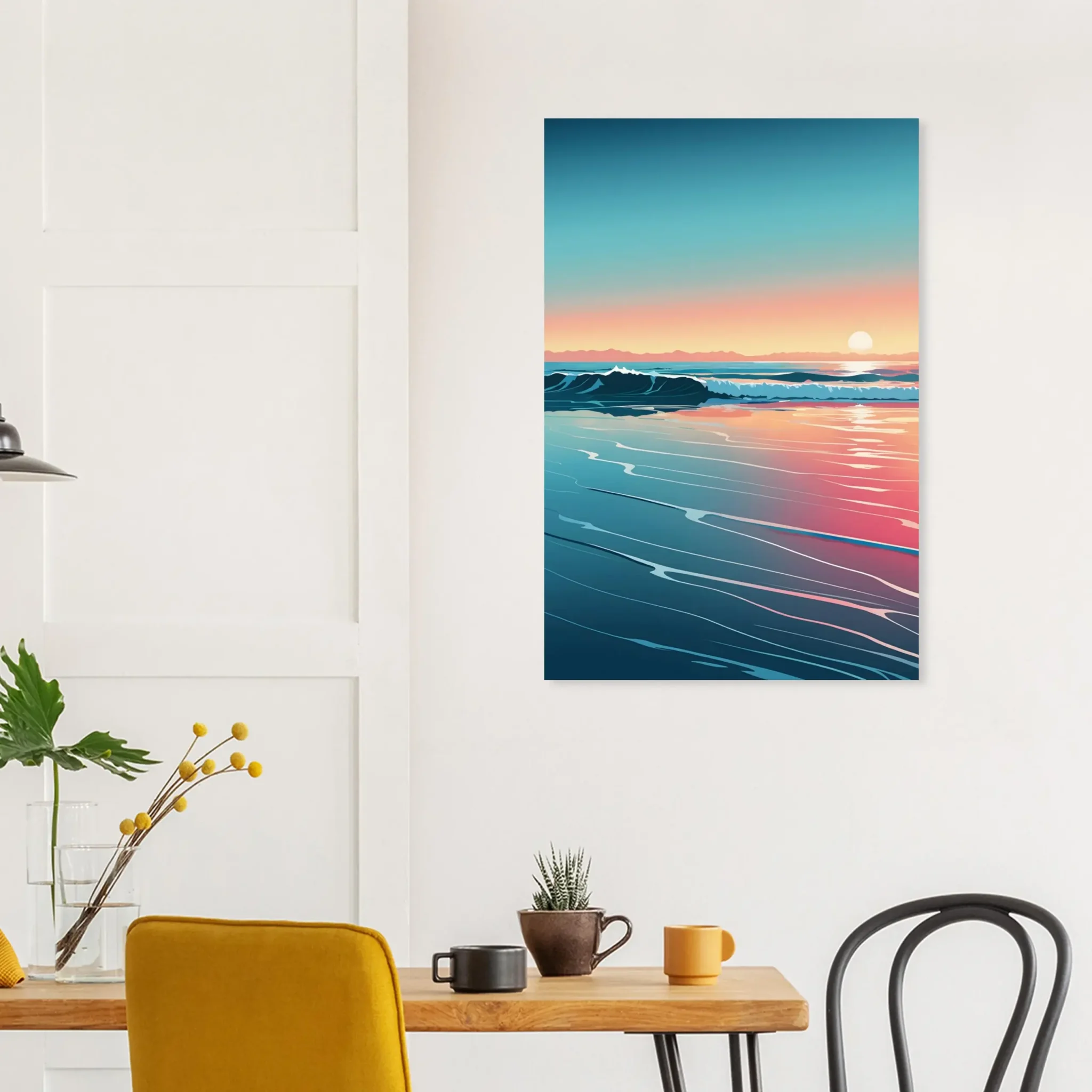 Abstract Coastal Sunset wall art that explores the meeting point between sea, light, and horizon. Art Print, printed and shipped within North America.