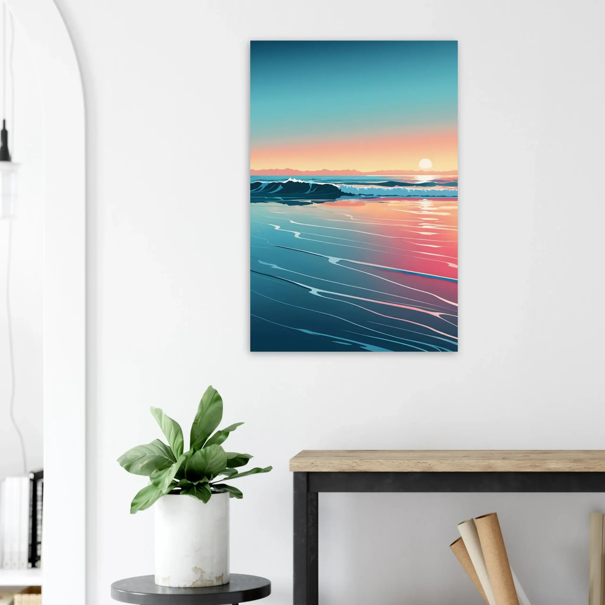 Abstract Coastal Sunset wall art that explores the meeting point between sea, light, and horizon. Art Print, printed and shipped within North America.
