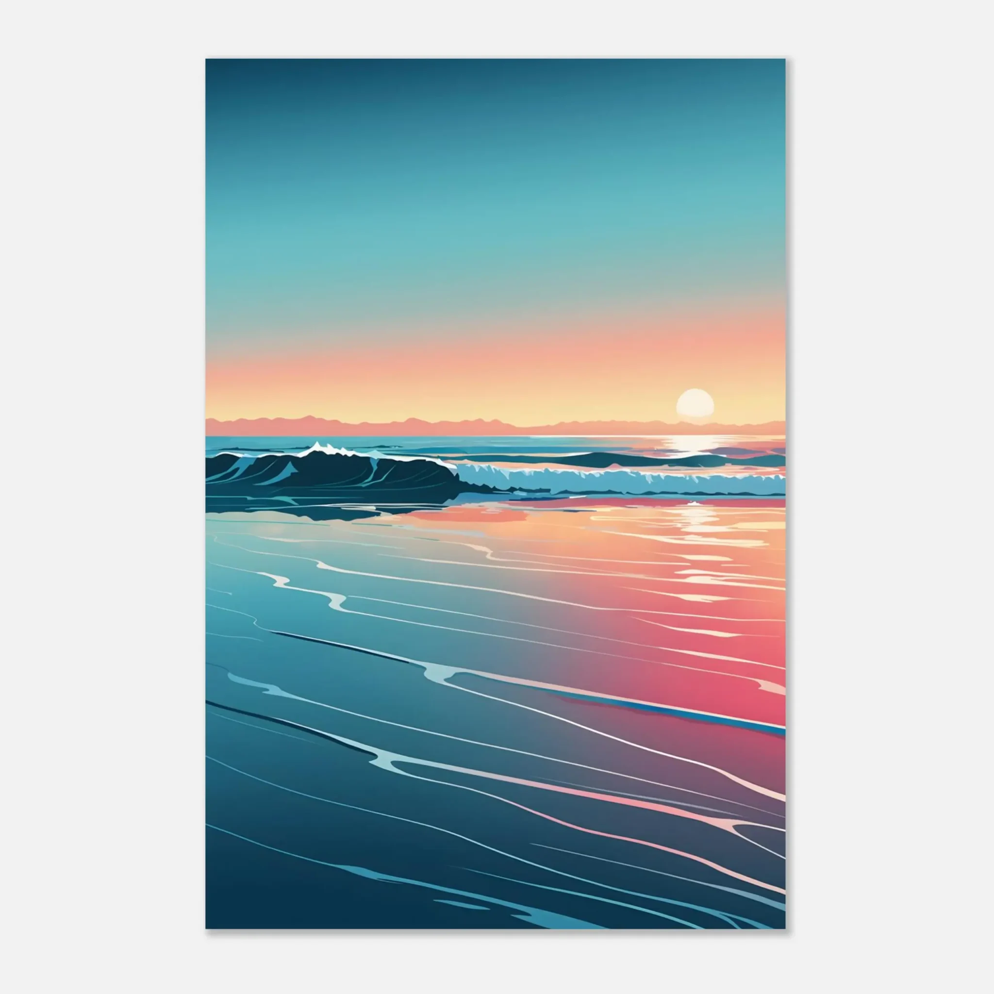 Abstract Coastal Sunset wall art that explores the meeting point between sea, light, and horizon. Art Print, printed and shipped within North America.