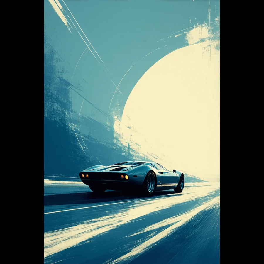 Car Art Sunset Landscape wall art that explores the visual relationship between the car, the road, and the horizon. Fine Art Print.