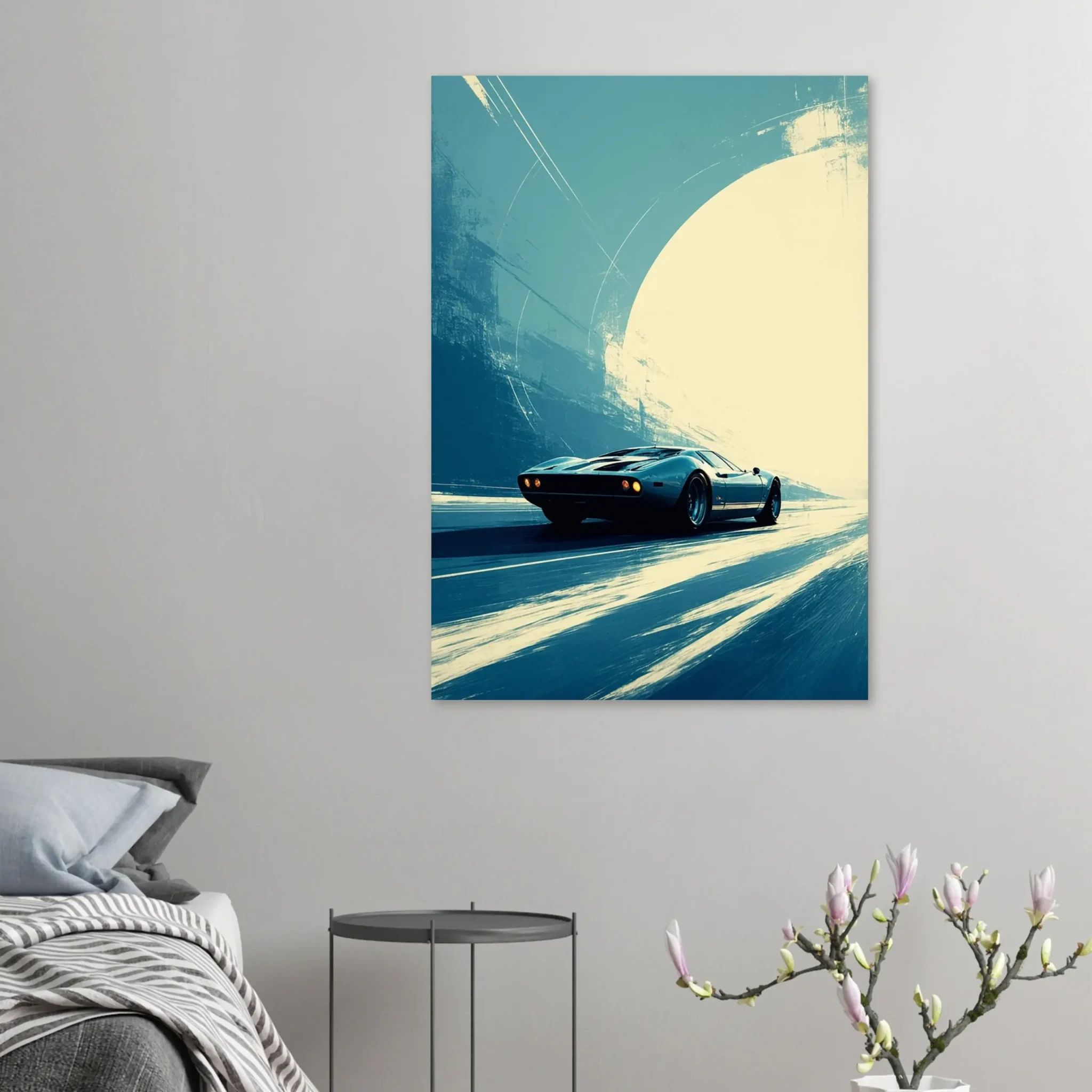 Car Art Sunset Landscape wall art that explores the visual relationship between the car, the road, and the horizon. Fine Art Print.