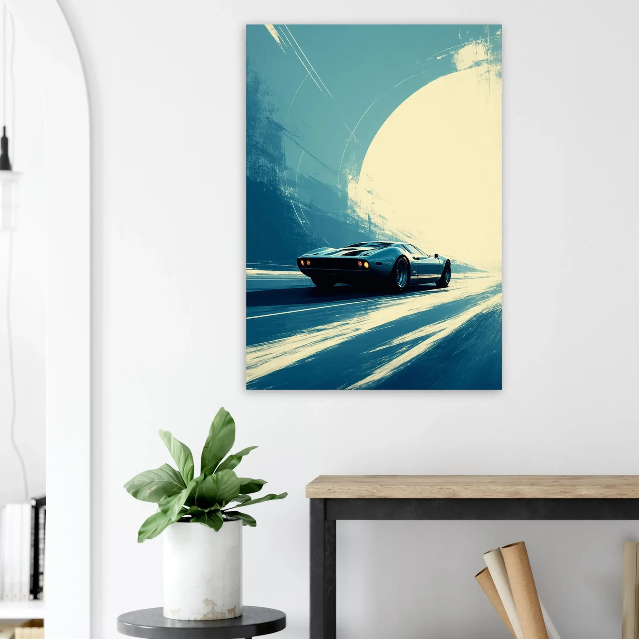 Car Art Sunset Landscape wall art that explores the visual relationship between the car, the road, and the horizon. Fine Art Print.