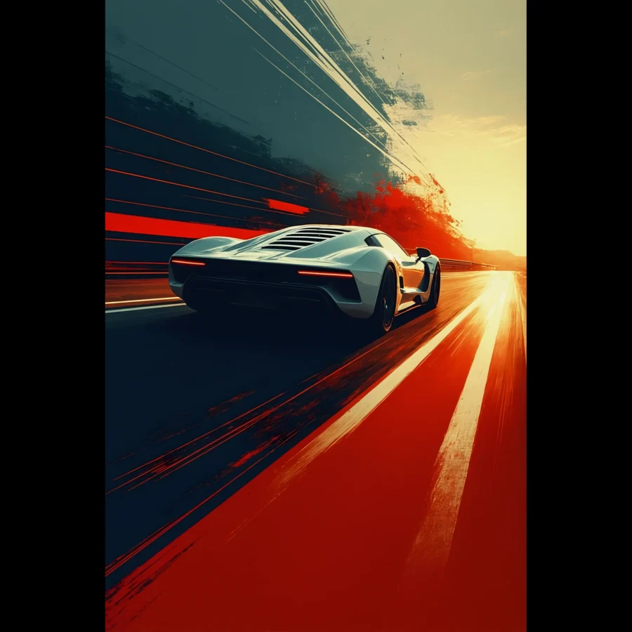 Car Art Sunset Landscape wall art that explores the visual relationship between the car, the road, and the horizon. Fine Art Print.