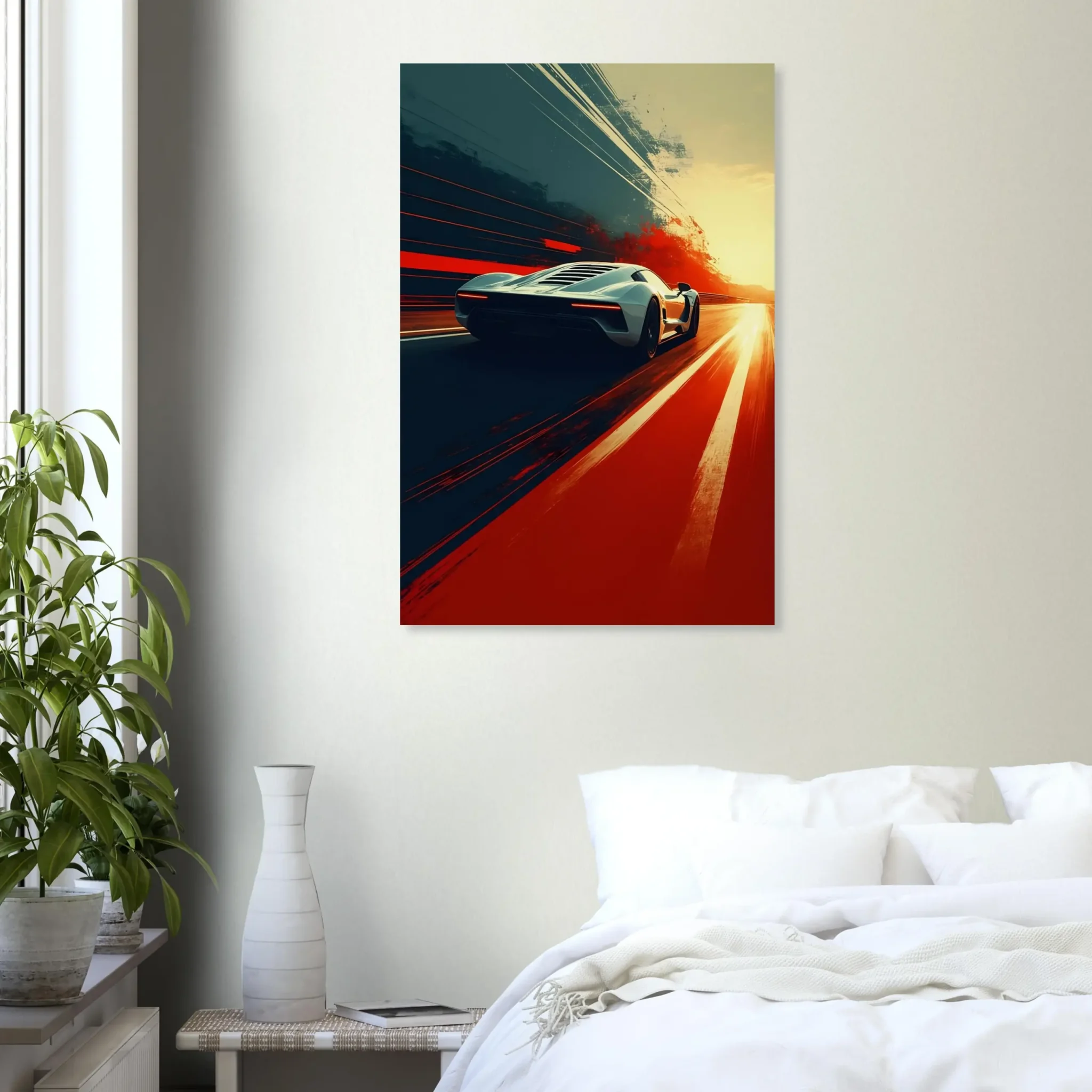 Car Art Sunset Landscape wall art that explores the visual relationship between the car, the road, and the horizon. Fine Art Print.