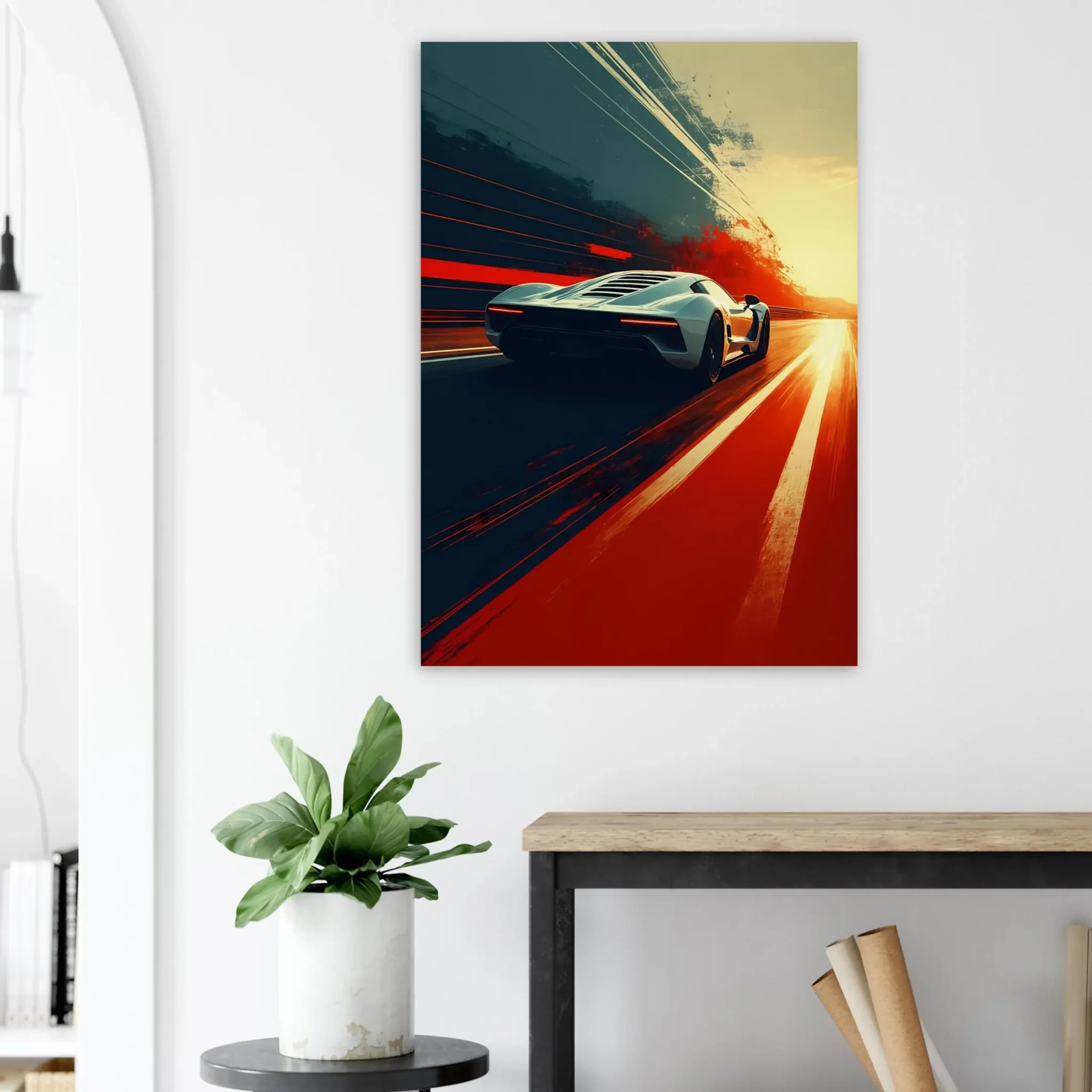 Car Art Sunset Landscape wall art that explores the visual relationship between the car, the road, and the horizon. Fine Art Print.