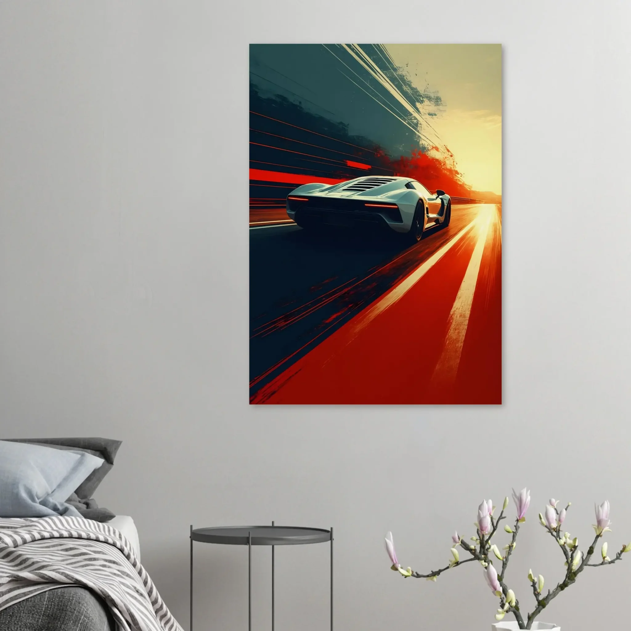 Car Art Sunset Landscape wall art that explores the visual relationship between the car, the road, and the horizon. Fine Art Print.