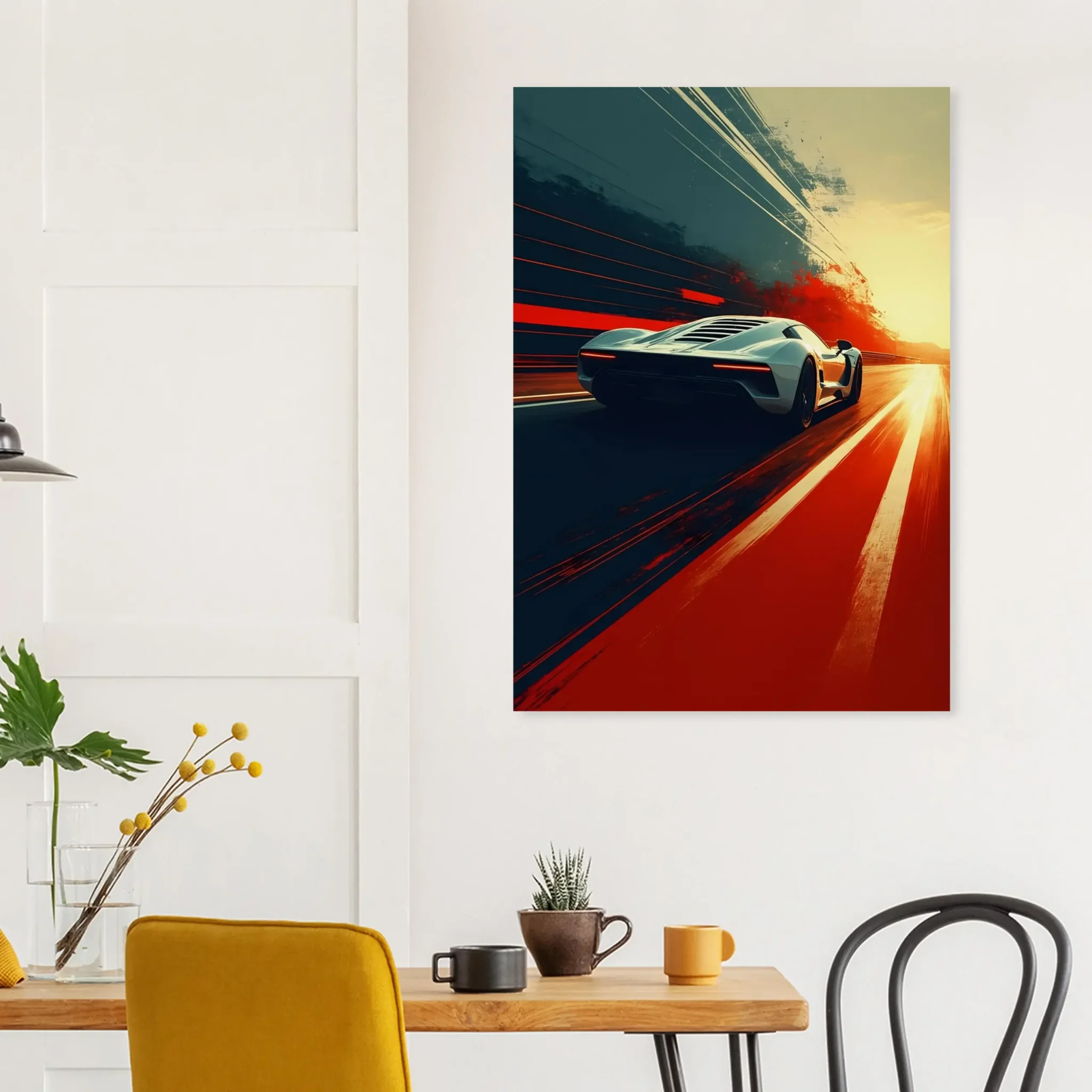 Car Art Sunset Landscape wall art that explores the visual relationship between the car, the road, and the horizon. Fine Art Print.