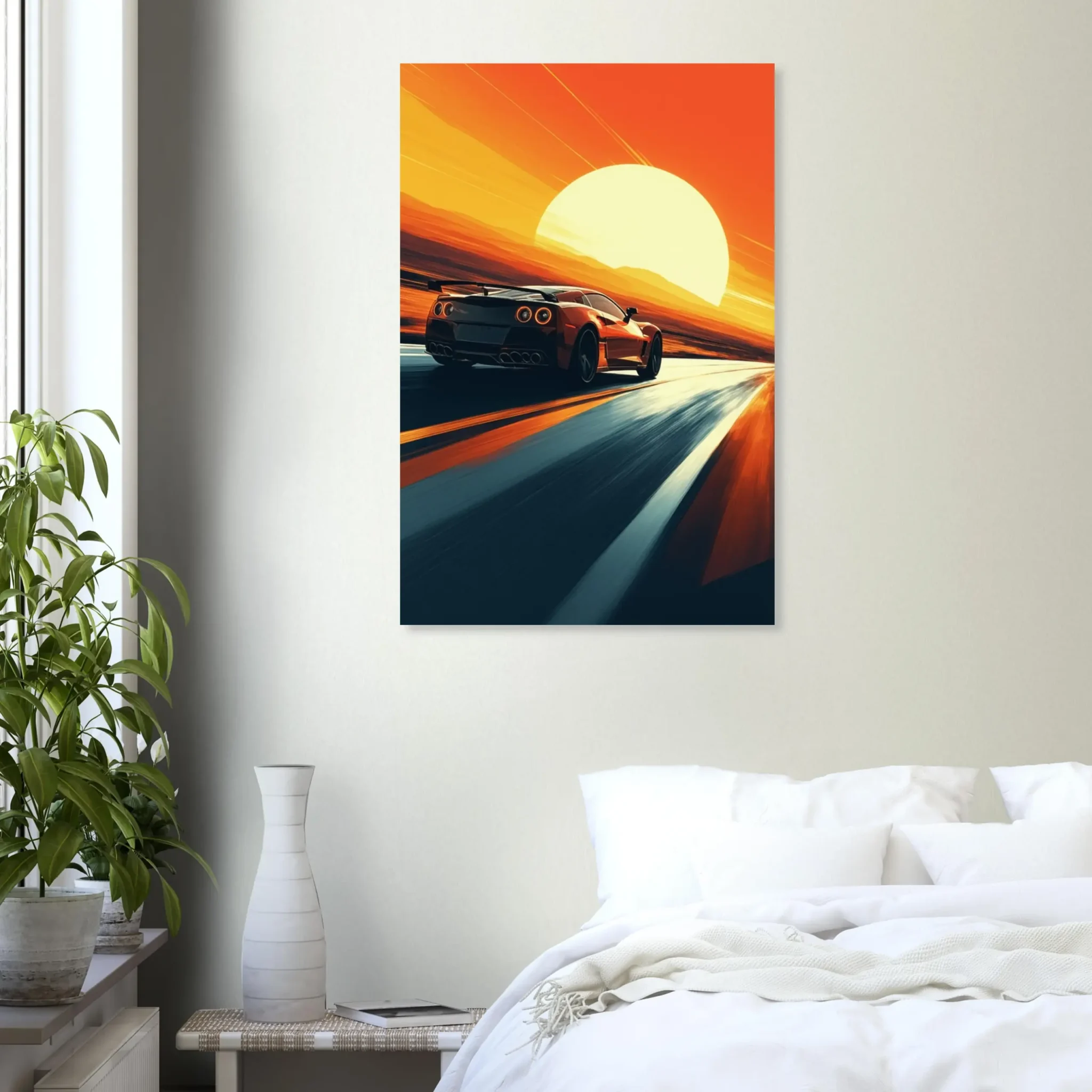 Car Art Sunset Landscape wall art that explores the visual relationship between the car, the road, and the horizon. Fine Art Print.