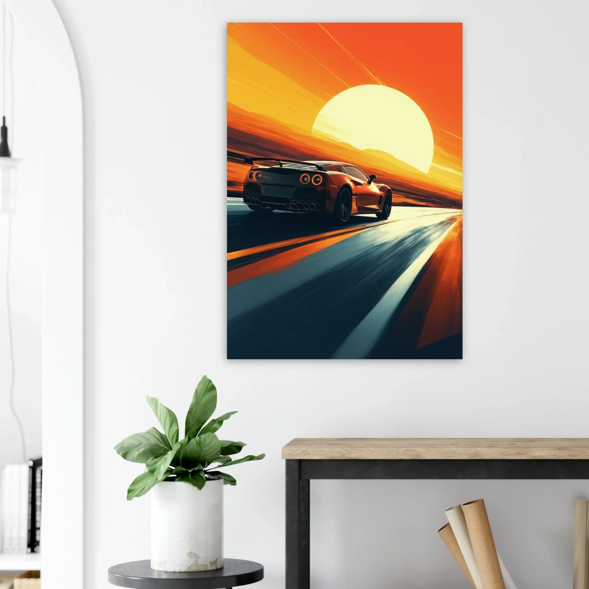 Car Art Sunset Landscape wall art that explores the visual relationship between the car, the road, and the horizon. Fine Art Print.