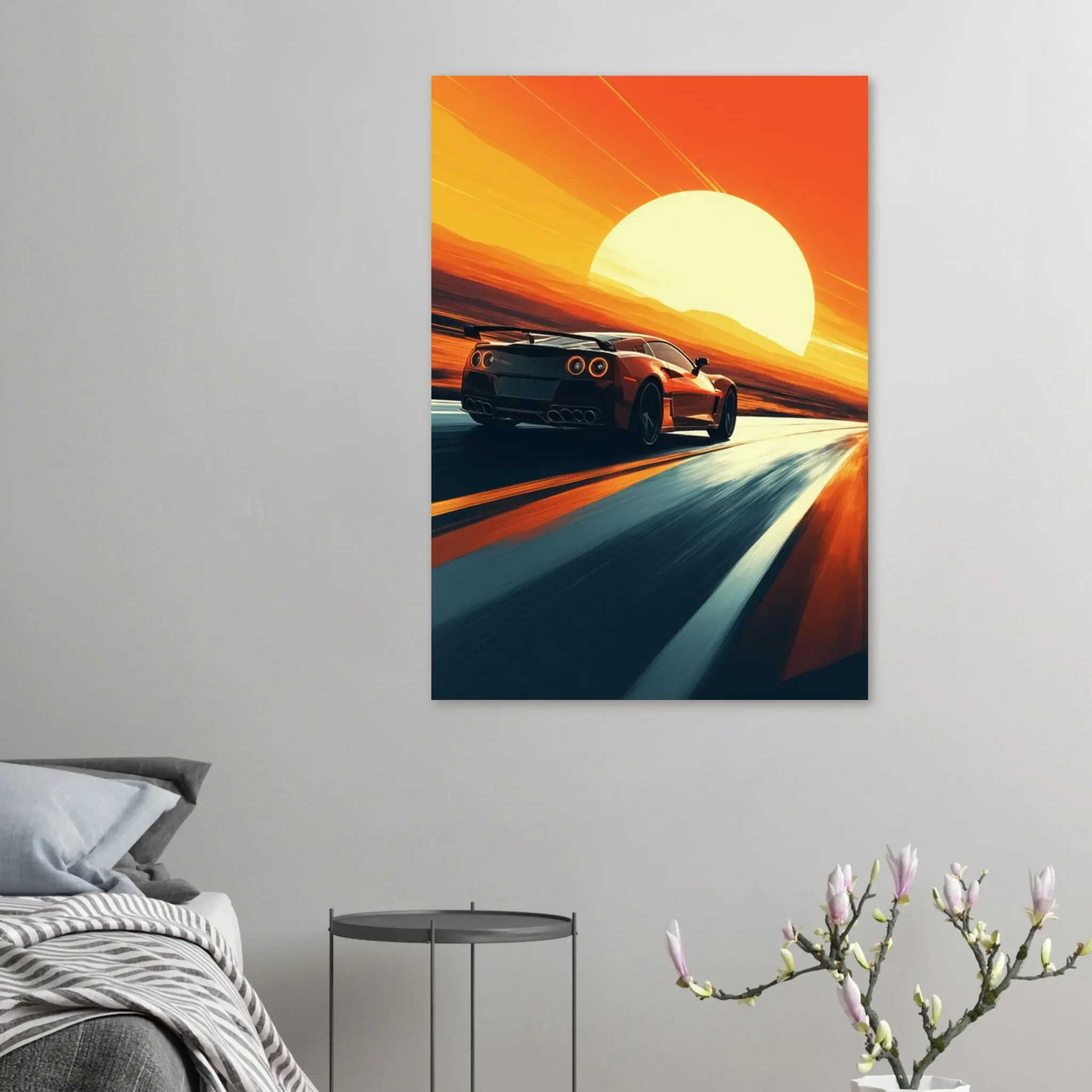 Car Art Sunset Landscape wall art that explores the visual relationship between the car, the road, and the horizon. Fine Art Print.