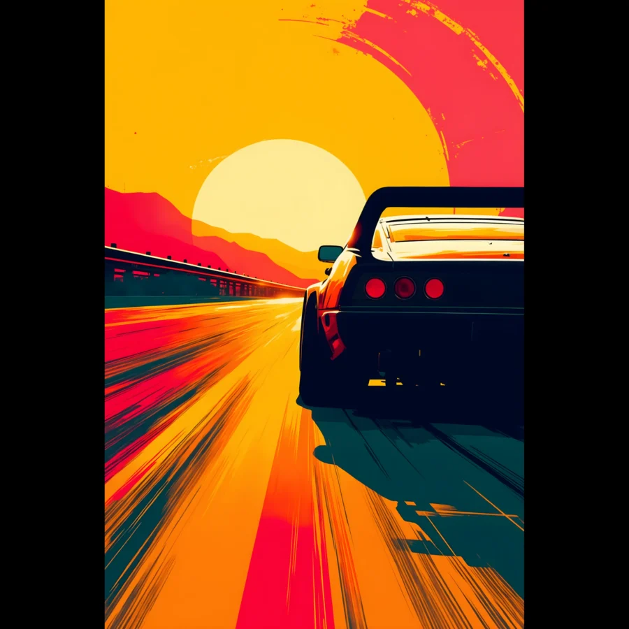 Car Art Sunset Landscape wall art that explores the visual relationship between the car, the road, and the horizon. Fine Art Print.