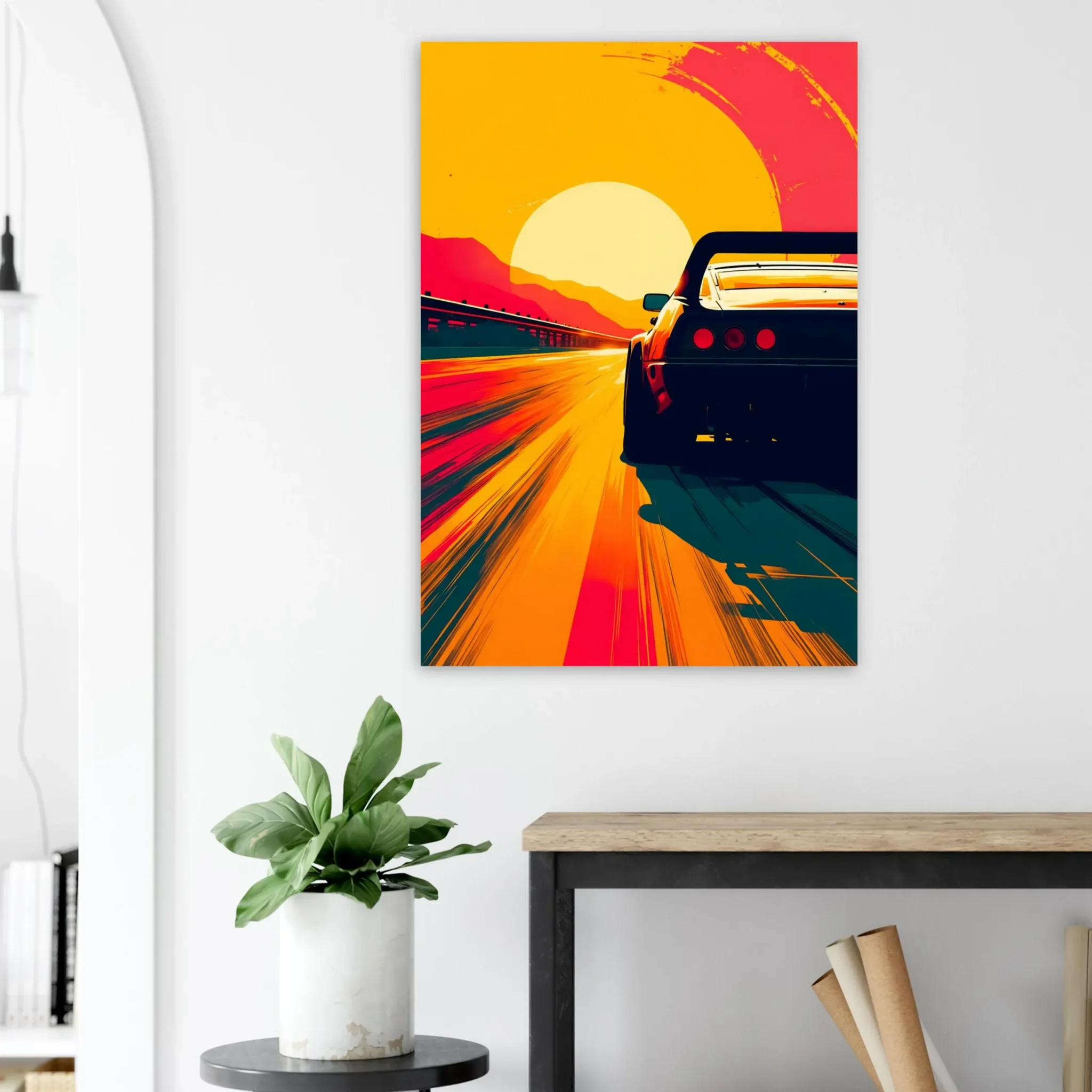 Car Art Sunset Landscape wall art that explores the visual relationship between the car, the road, and the horizon. Fine Art Print.