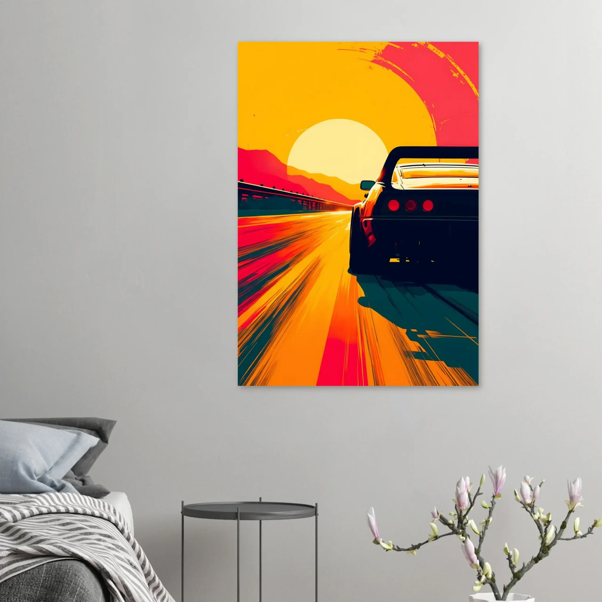 Car Art Sunset Landscape wall art that explores the visual relationship between the car, the road, and the horizon. Fine Art Print.