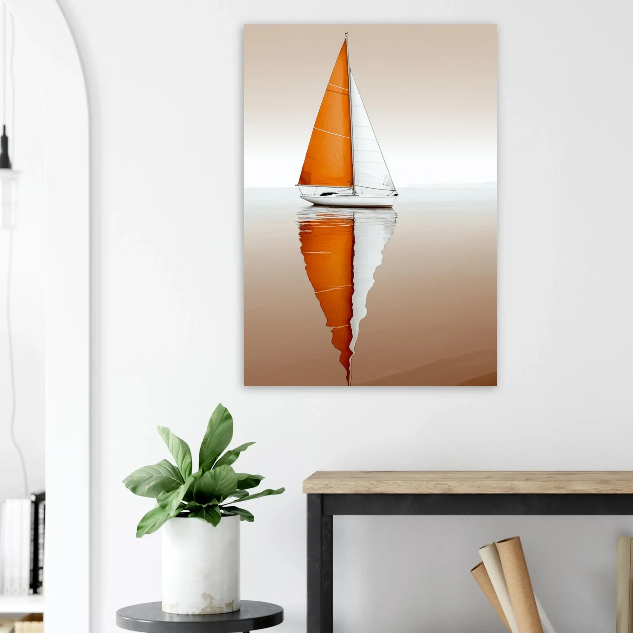 Minimalist sailboat seascape wall art featuring a solitary vessel, reflective water, and an open horizon. Fine art print from the ColorVanta US Store.