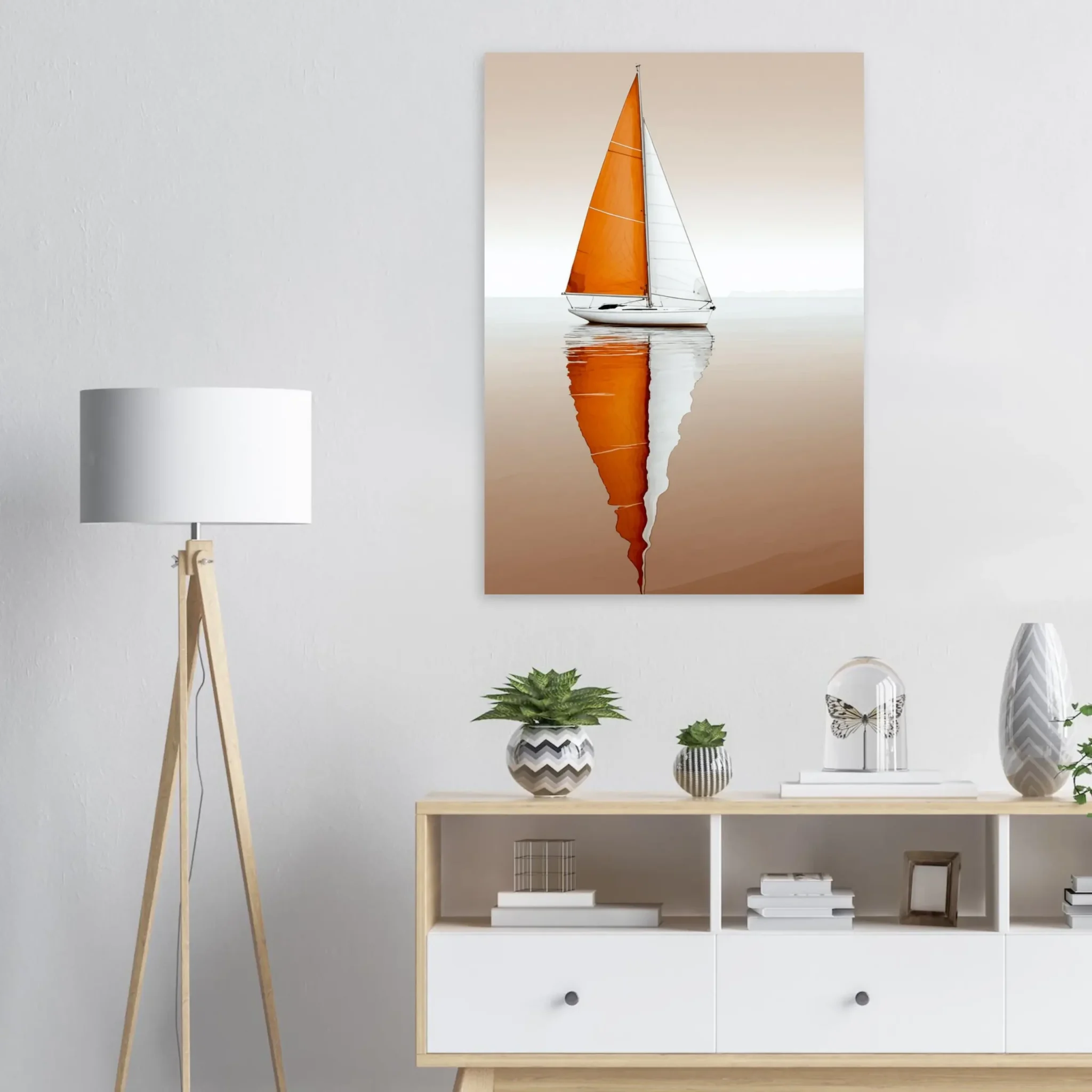Minimalist sailboat seascape wall art featuring a solitary vessel, reflective water, and an open horizon. Fine art print from the ColorVanta US Store.