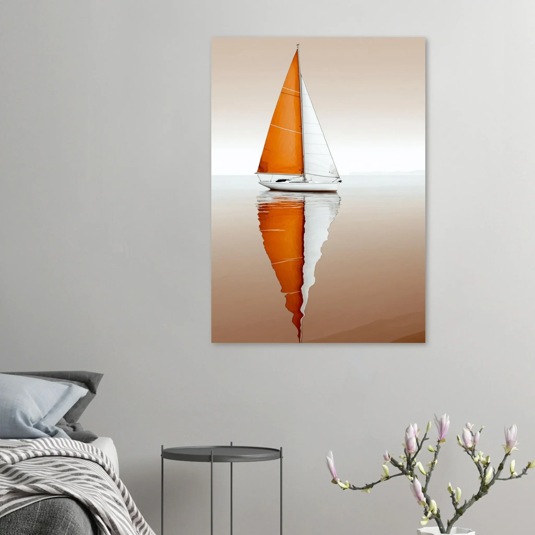 Minimalist sailboat seascape wall art featuring a solitary vessel, reflective water, and an open horizon. Fine art print from the ColorVanta US Store.