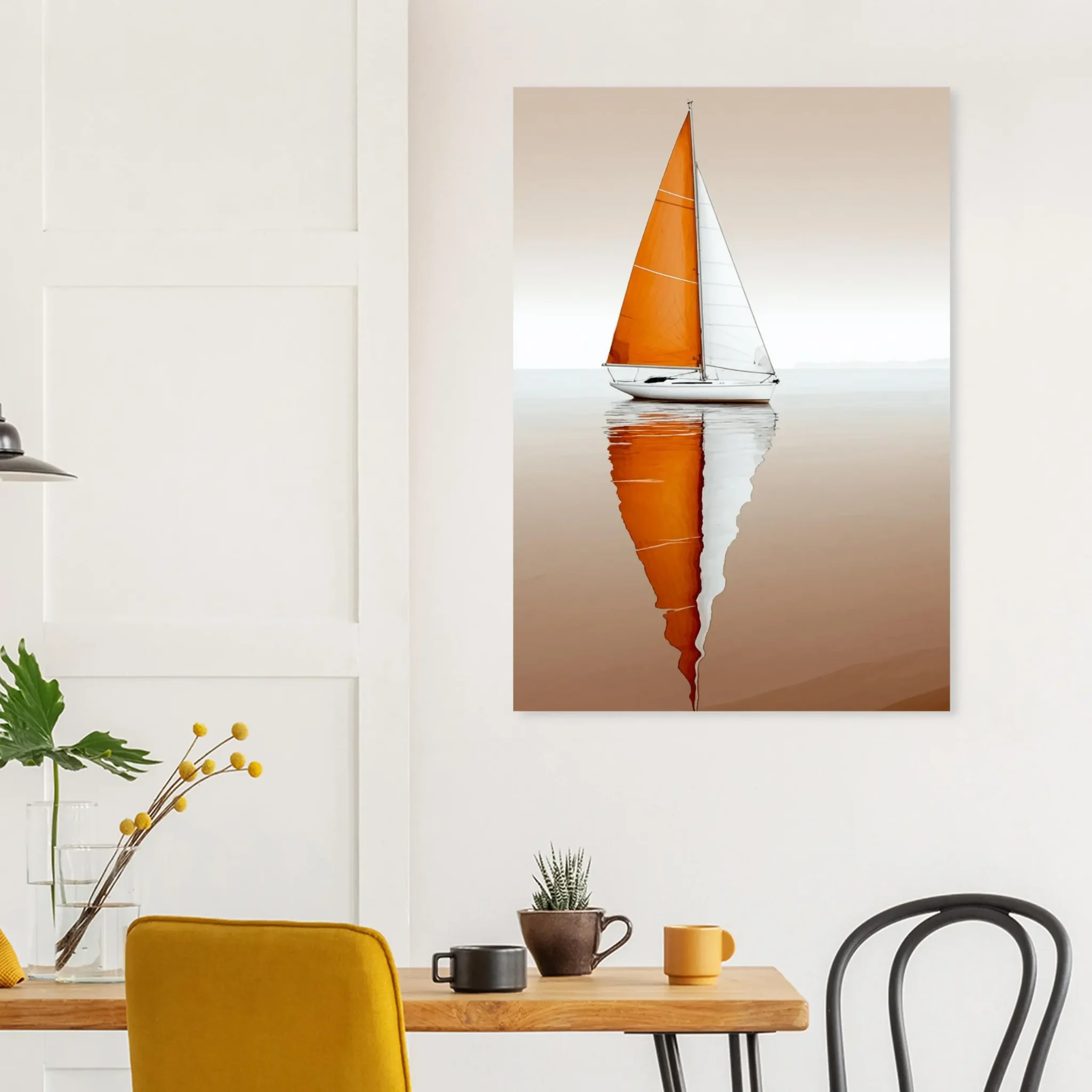 Minimalist sailboat seascape wall art featuring a solitary vessel, reflective water, and an open horizon. Fine art print from the ColorVanta US Store.