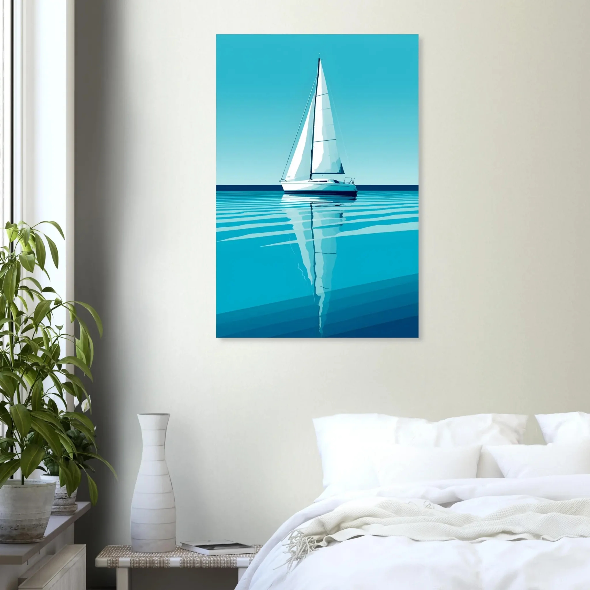 Minimalist sailboat seascape wall art featuring a solitary vessel, reflective water, and an open horizon. Fine art print from the ColorVanta US Store.