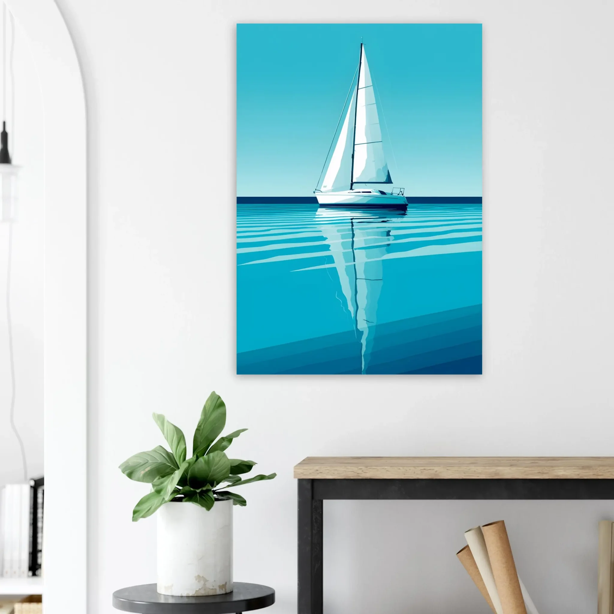Minimalist sailboat seascape wall art featuring a solitary vessel, reflective water, and an open horizon. Fine art print from the ColorVanta US Store.