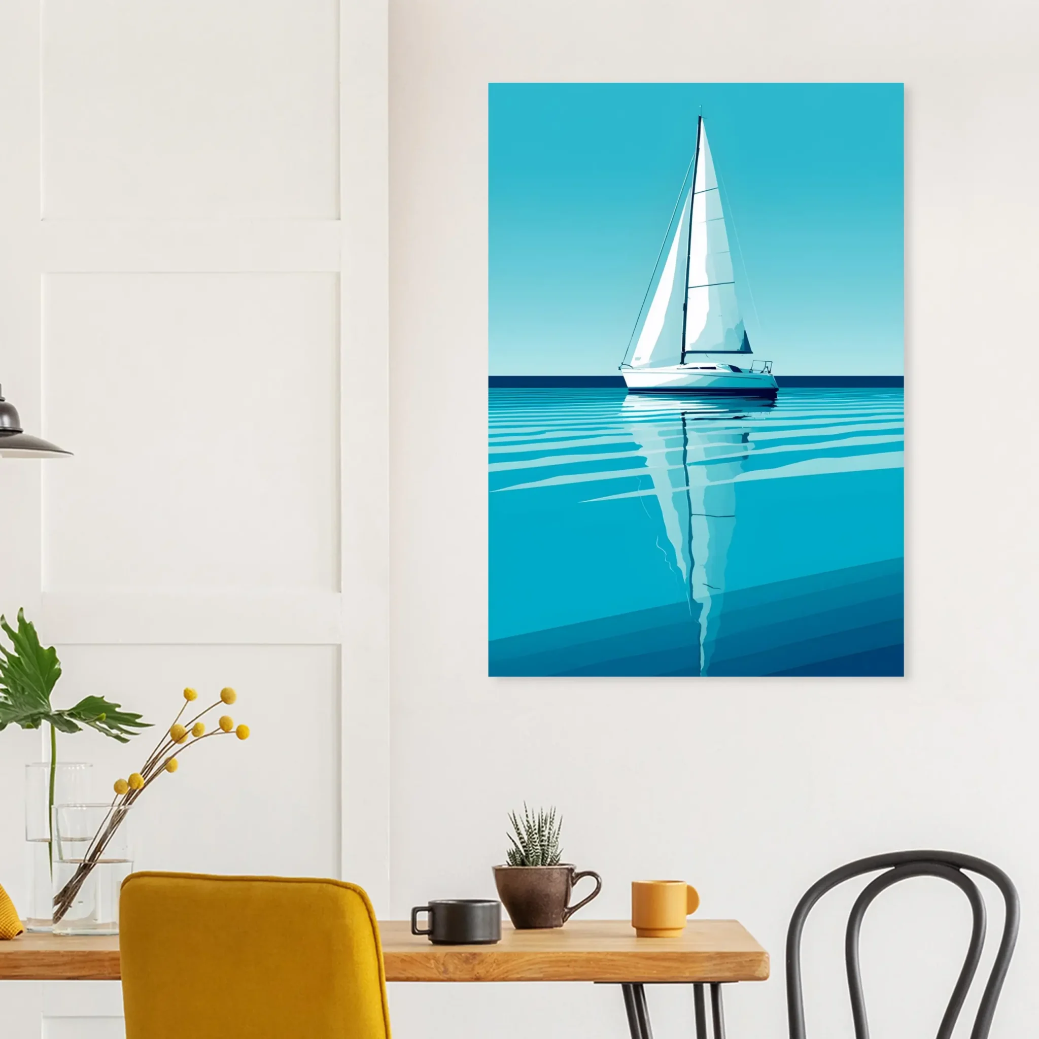 Minimalist sailboat seascape wall art featuring a solitary vessel, reflective water, and an open horizon. Fine art print from the ColorVanta US Store.