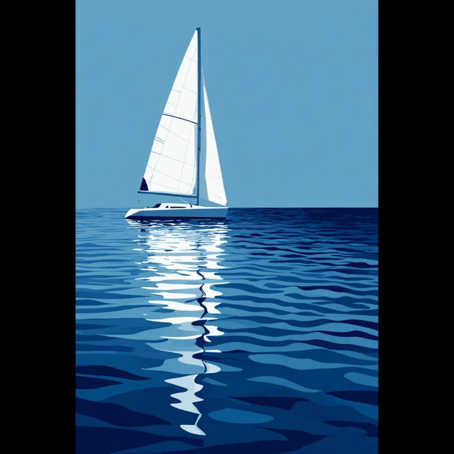 Blue Echo Minimalist Sailboat Seascape Art Print 1 Abstract colorful wall art print design by ColorVanta.