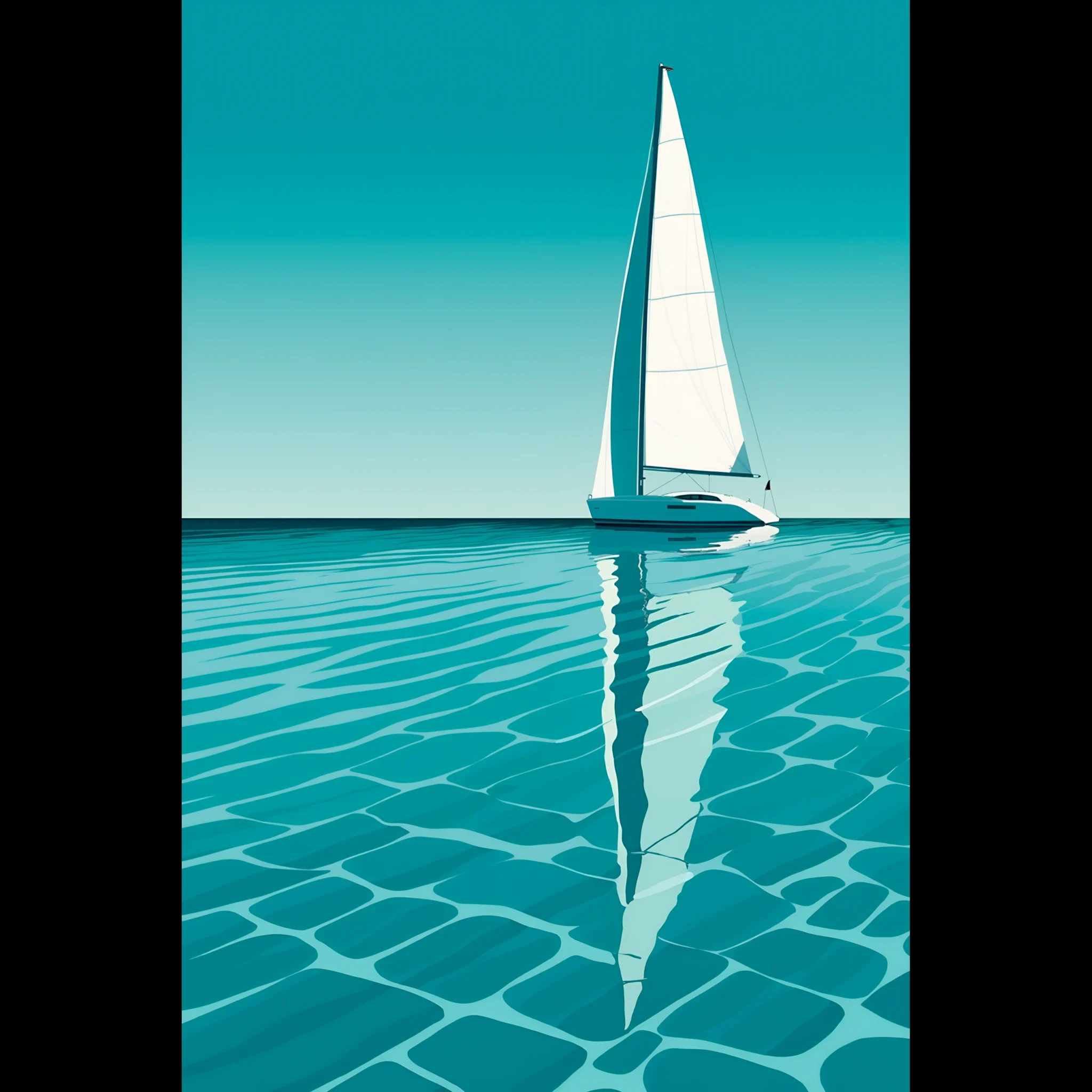 Minimalist sailboat seascape wall art featuring a solitary vessel, reflective water, and an open horizon. Fine art print from the ColorVanta US Store.