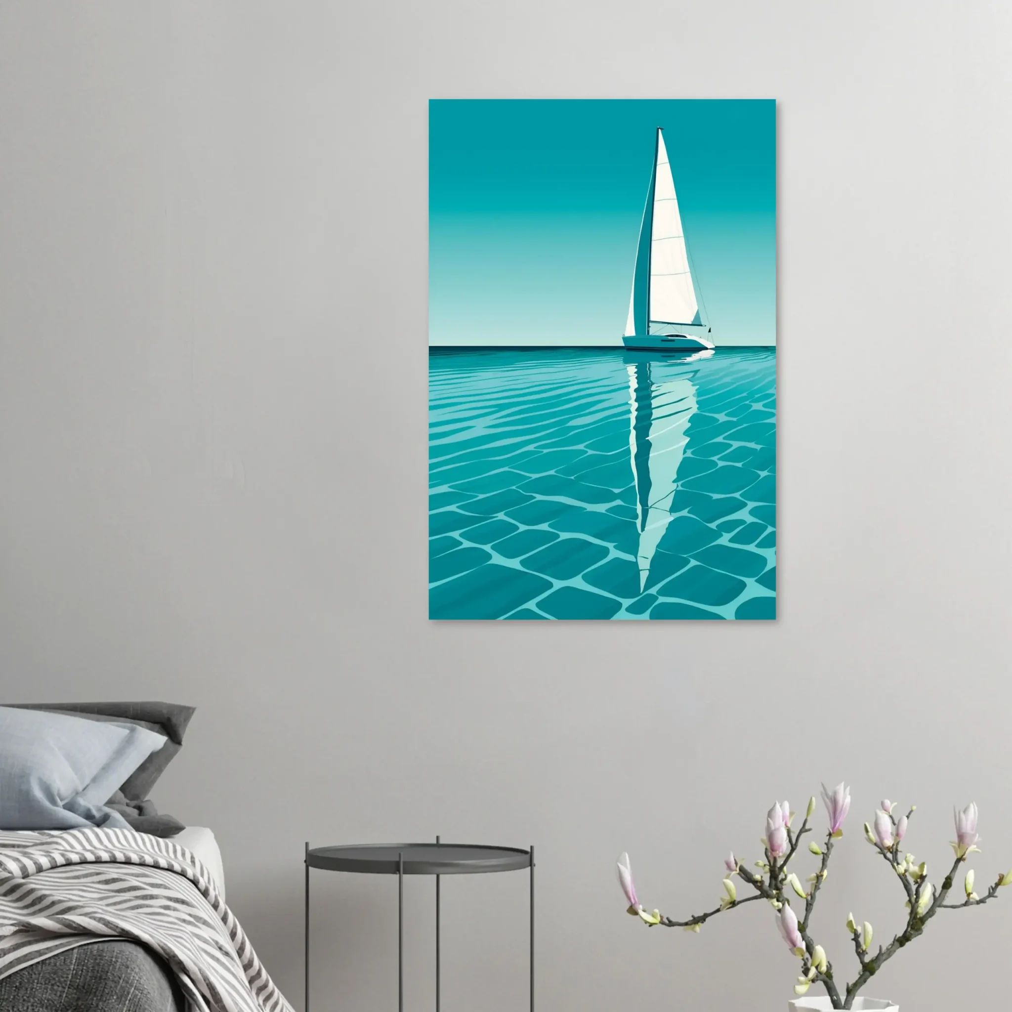 Minimalist sailboat seascape wall art featuring a solitary vessel, reflective water, and an open horizon. Fine art print from the ColorVanta US Store.