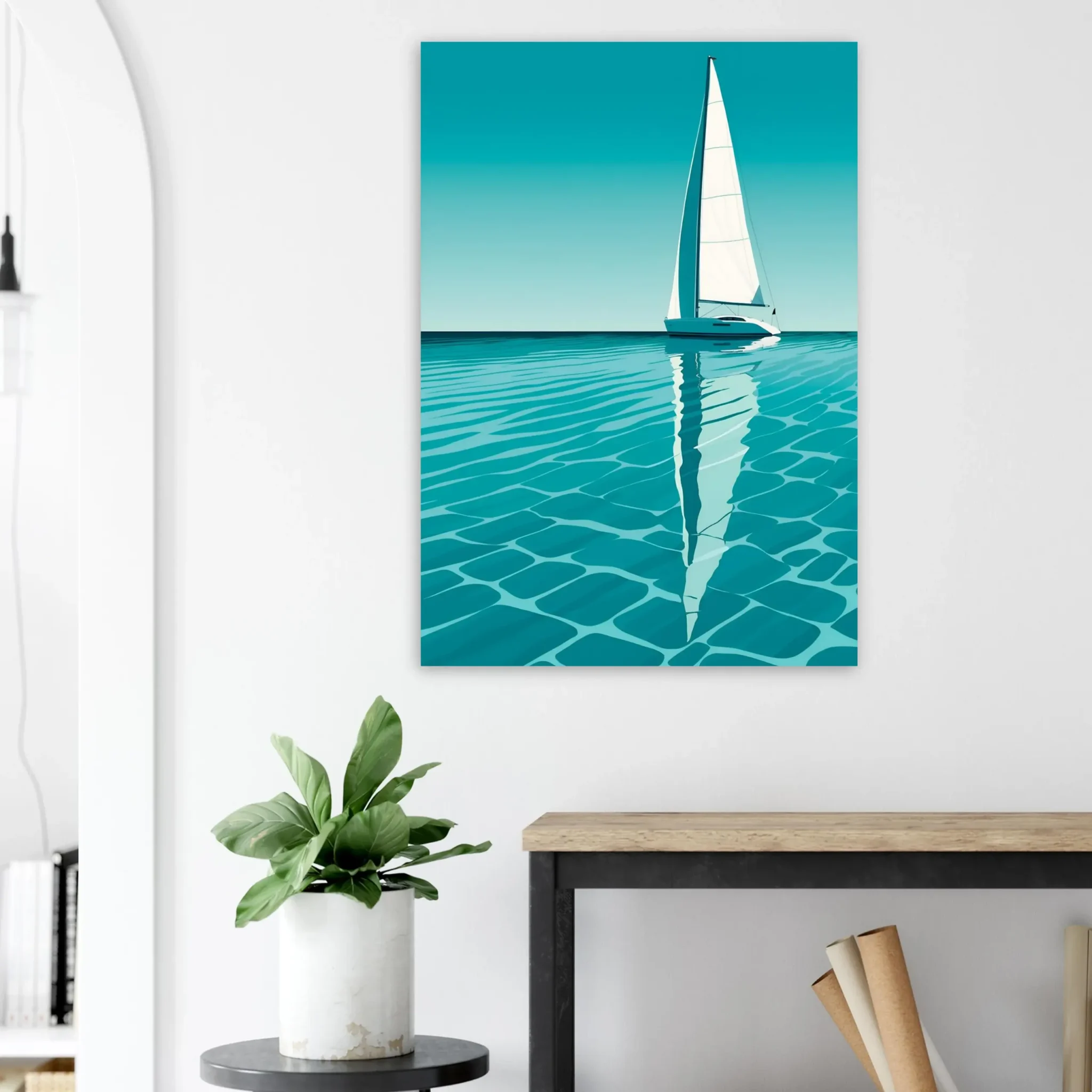 Minimalist sailboat seascape wall art featuring a solitary vessel, reflective water, and an open horizon. Fine art print from the ColorVanta US Store.