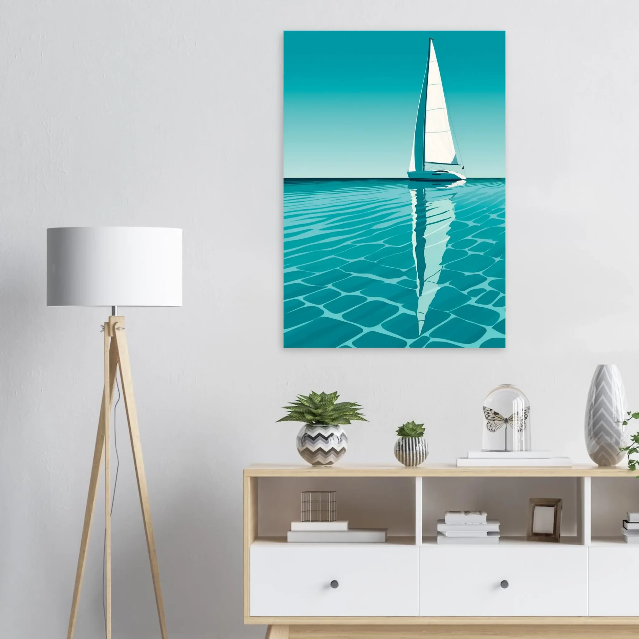 Minimalist sailboat seascape wall art featuring a solitary vessel, reflective water, and an open horizon. Fine art print from the ColorVanta US Store.