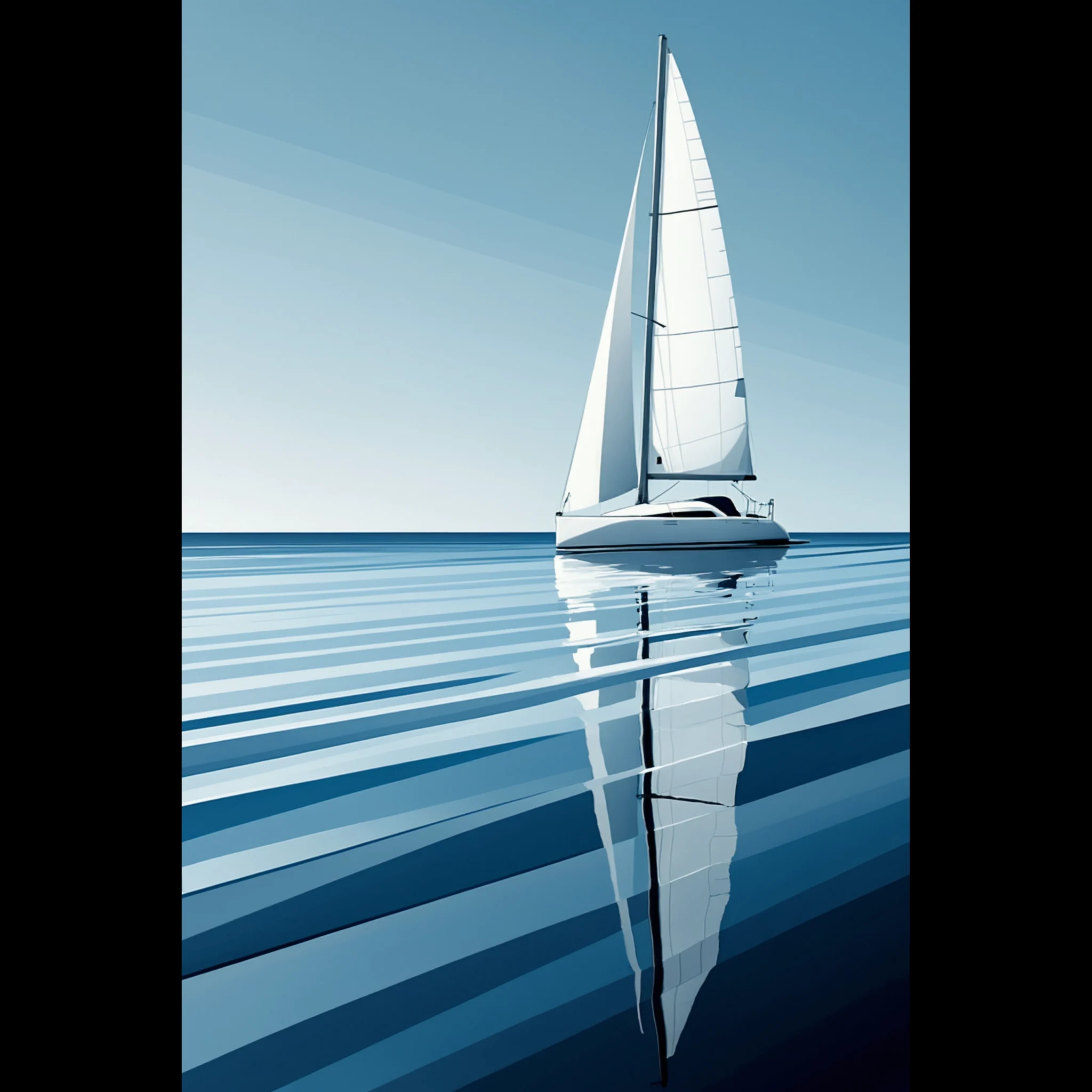 Minimalist sailboat seascape wall art featuring a solitary vessel, reflective water, and an open horizon. Fine art print from the ColorVanta US Store.