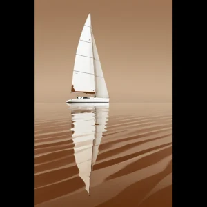 Minimalist sailboat seascape wall art featuring a solitary vessel, reflective water, and an open horizon. Fine art print from the ColorVanta US Store.
