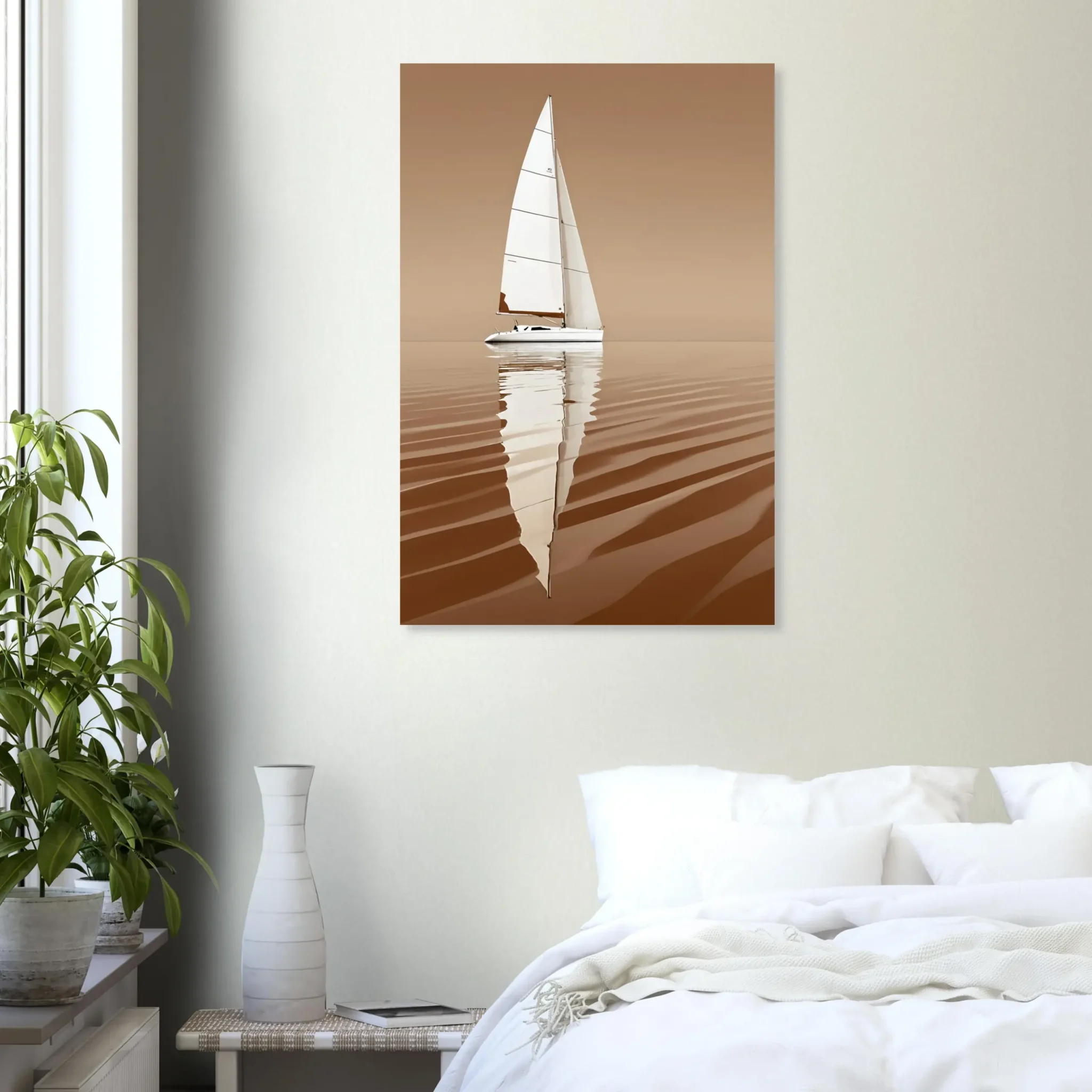 Minimalist sailboat seascape wall art featuring a solitary vessel, reflective water, and an open horizon. Fine art print from the ColorVanta US Store.