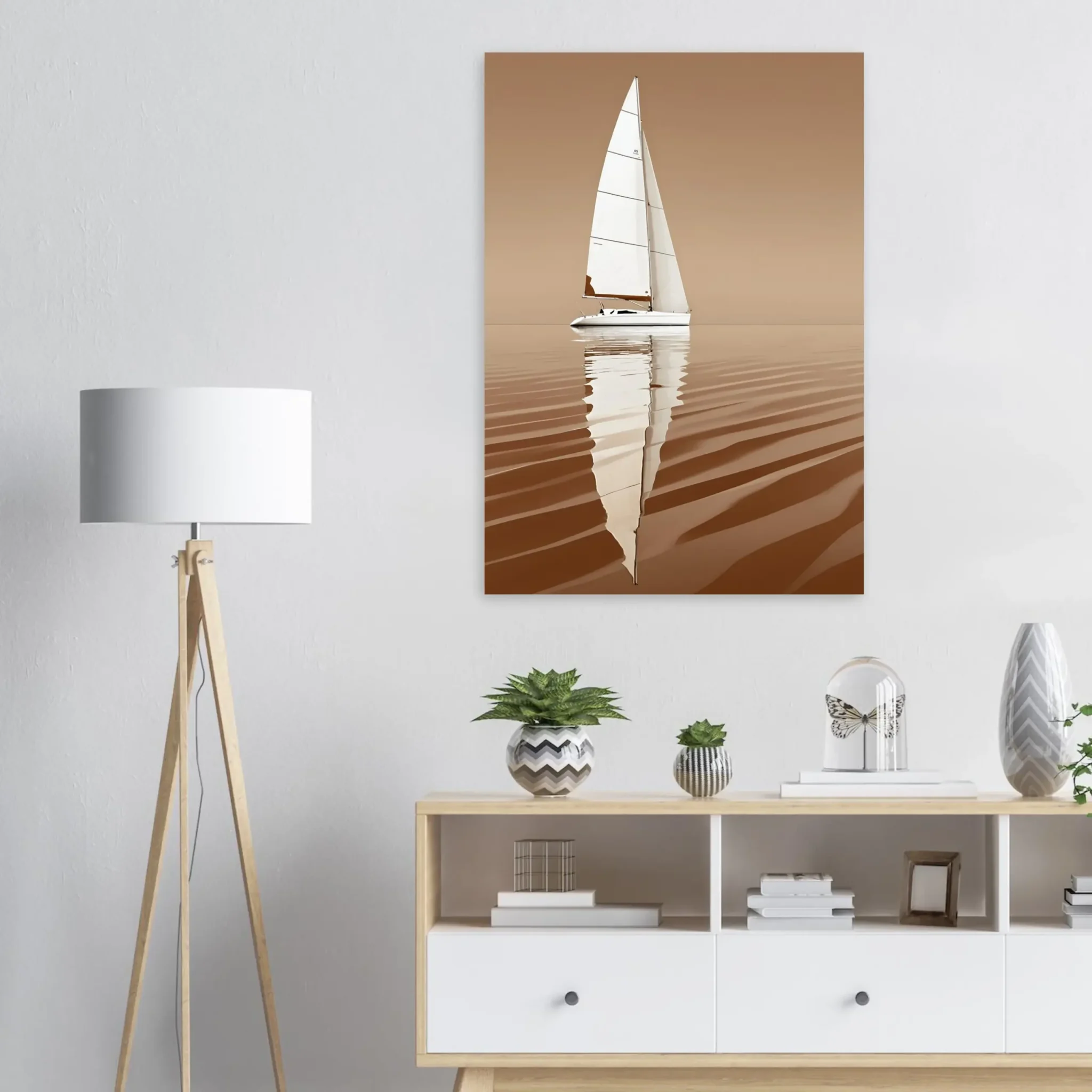Minimalist sailboat seascape wall art featuring a solitary vessel, reflective water, and an open horizon. Fine art print from the ColorVanta US Store.