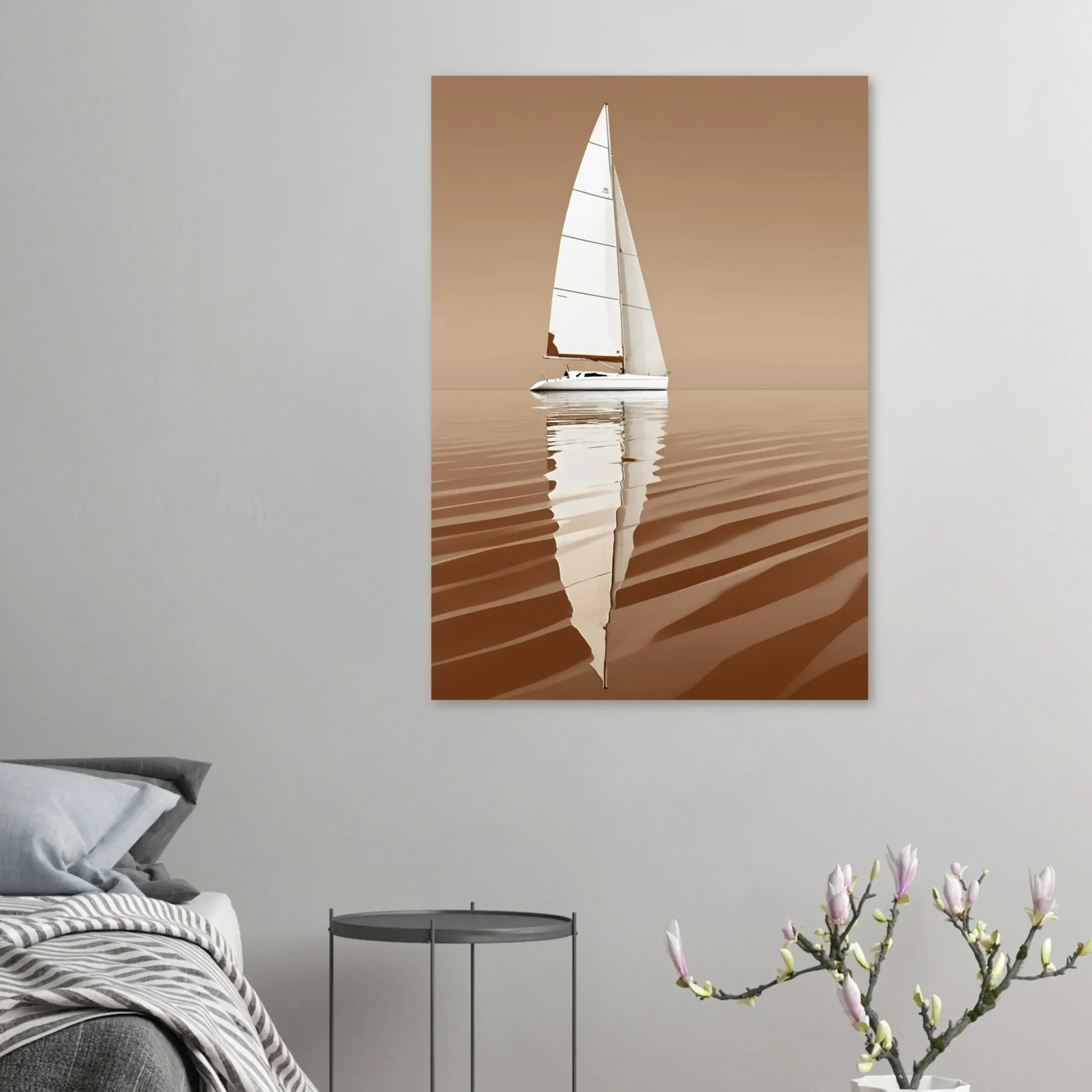 Minimalist sailboat seascape wall art featuring a solitary vessel, reflective water, and an open horizon. Fine art print from the ColorVanta US Store.