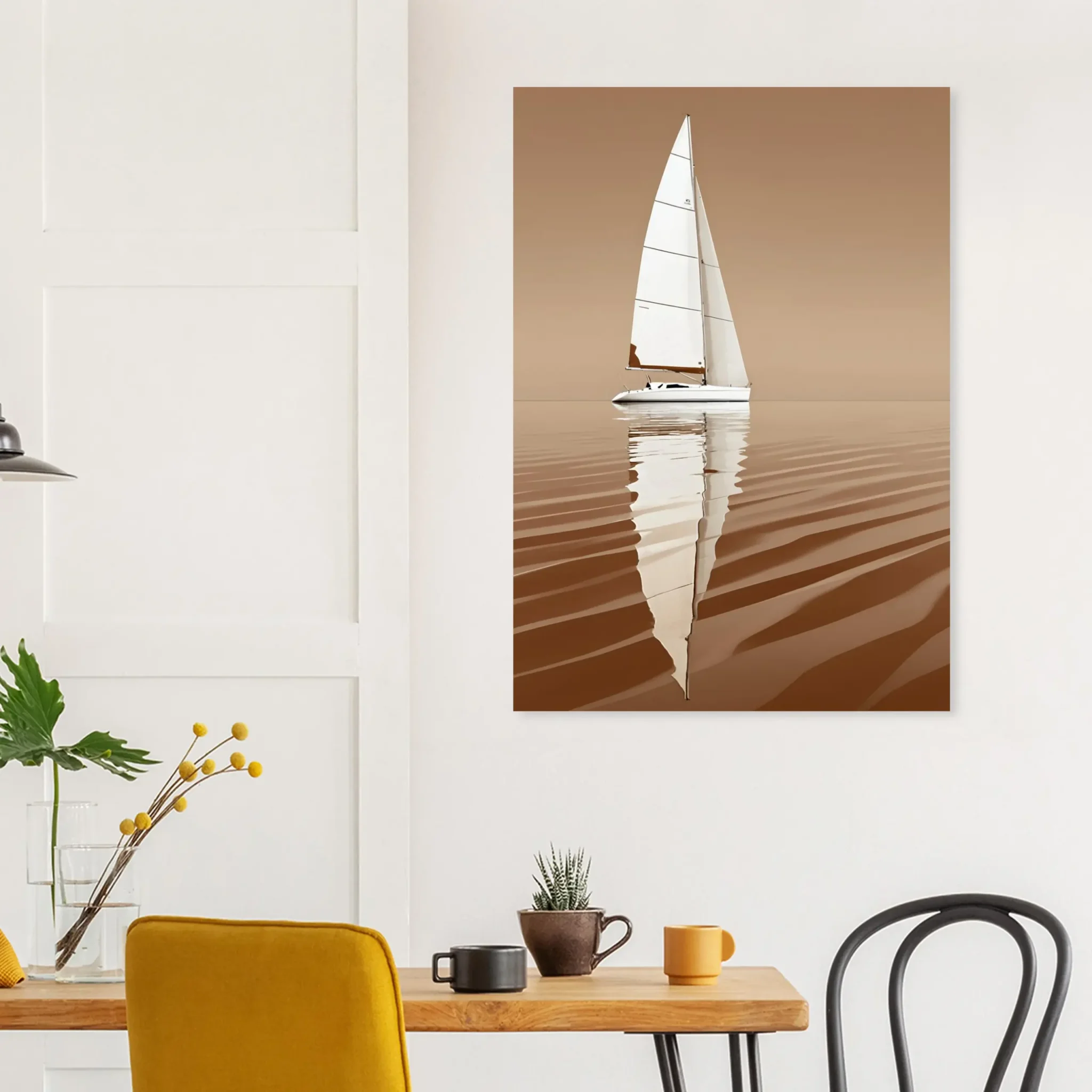Minimalist sailboat seascape wall art featuring a solitary vessel, reflective water, and an open horizon. Fine art print from the ColorVanta US Store.
